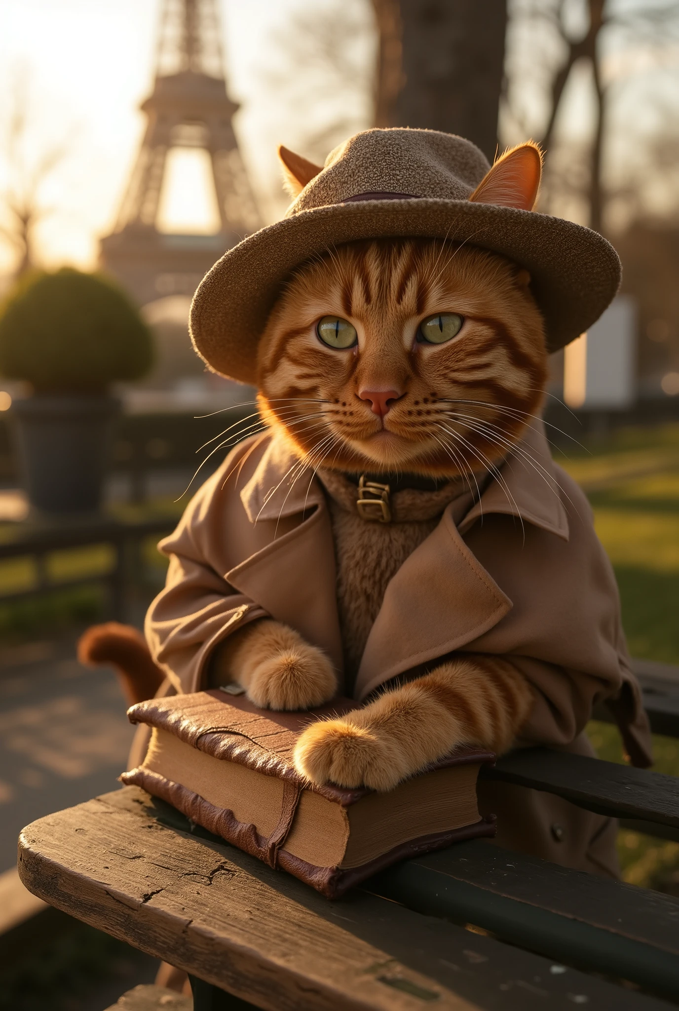 Cover photo or a glossy magazine, a perect shot. A red tabby cat with bright emerald green eyes and intelligent gaze, dressed in a trench coat and hat, is sitting on a park bench. Behind the cat, a view of the Eiel Tower and Parisian rootops during the golden hour. A cat puts its paw on an antique leather-bound book. The atmosphere is cozy, romantic, and elegant. **Shot details and speciications:** - **style:** Highly detailed photography, shallow depth over ield, cinematic lighting. - **composition:** Rule o thirds, the cat is o-center to the let, the view o the tower is on the right. - **lighting:** Golden hour, sot warm side lighting, creating long shadows and highlighting the ur's texture. - **camera & Link:** Full-ram camera, 85mm portrait lens at /1.8. - **Settings:** /1.8, ISO 100, Shutter speed 1/200s. - **render:** Photorealistic, super detailed, sharp ocus. - **atmosphere:** comfort, Parisian charm, a touch of melancholy.