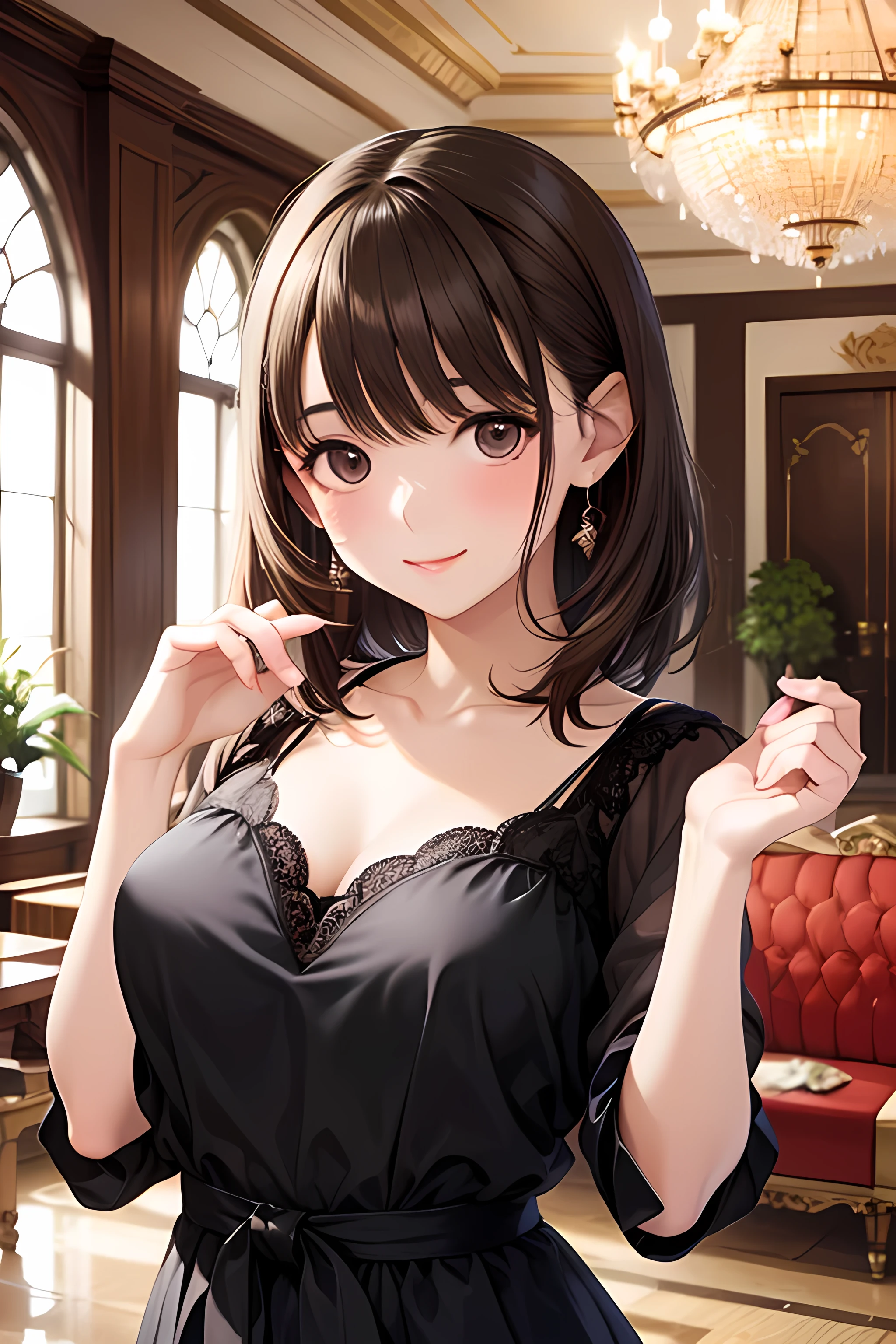 Princess , in castle , detailed hand , high quality, super quality, (detailed face:1.2), beautiful woman , golden eyes, long hair , gorgeous dress, tiara, necklace , earring , sharpe eyebrow , beautiful bangs are covering her eyes , mega   ,