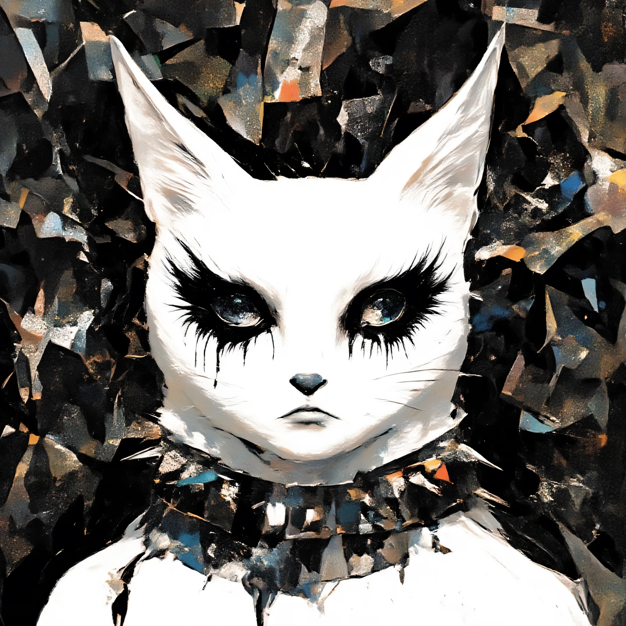 black metal、abstract geometric shapes, colorful shiny viscous liquid、cover is blurry, Overdeveloped, grainy, Low quality black and white photo, ((features a close-up of a white cat with dead makeup on its face)), spike collar