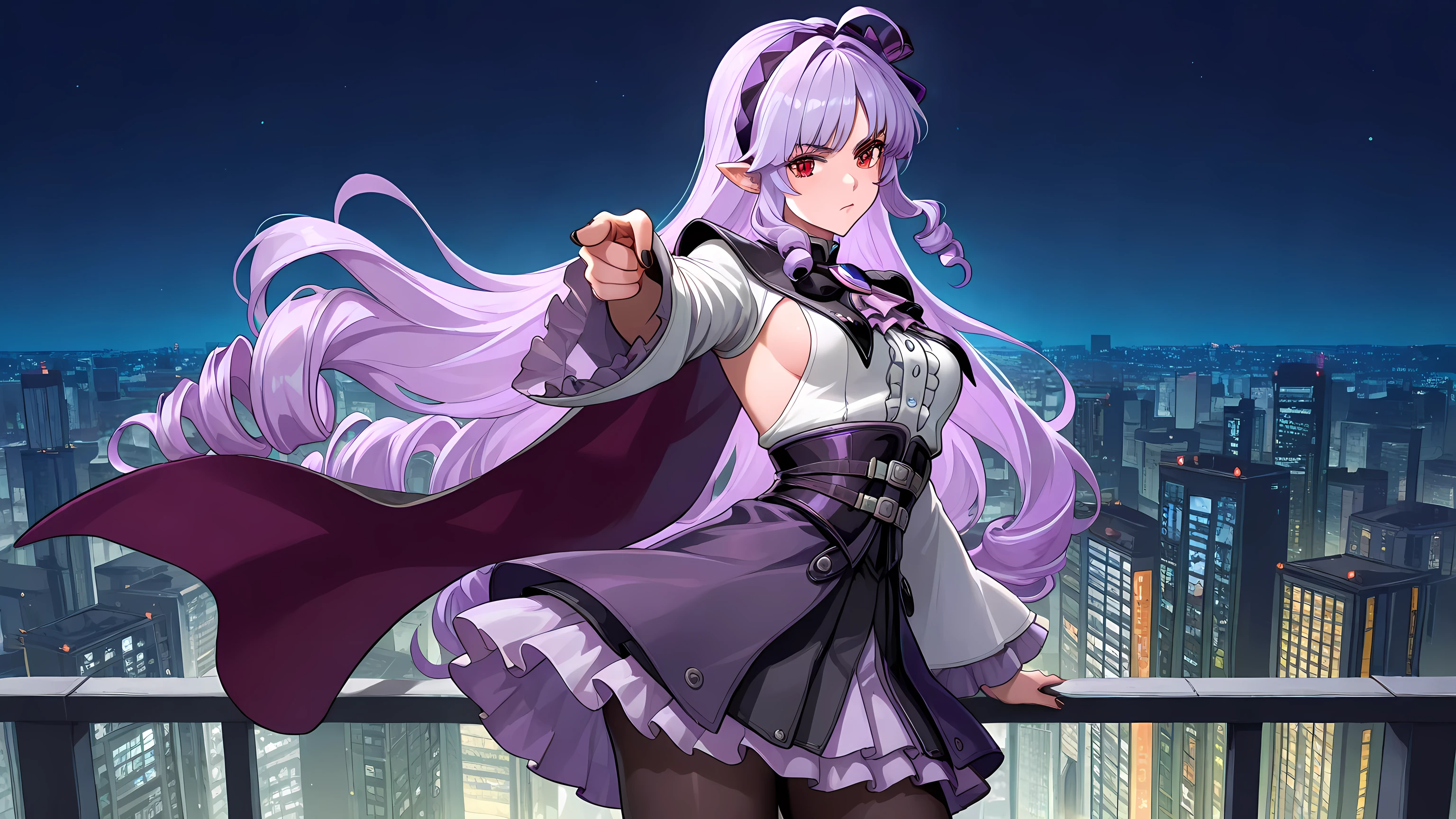 ,eye_focus,(masterpiece, detailed:1.2),hand,<lora:jotaro-kujo-pose-illustriousxl-lora-nochekaiser:1>, jotaro kujo pose, kujo jotaro's pose (jojo), jojo pose, pointing, pointing at viewer, cowboy shot,black cape, shoulder cape, short cape, purple gemstone, multiple bows, purple bowtie, black bowtie, purple ascot, frilled ascot, white dress, frilled dress, pleated dress, center frills, sideboob cutout, long sleeves, wide sleeves, frilled sleeves, black corset, two-tone skirt, black skirt, purple skirt, frilled skirt, layered skirt, black pantyhose,vivian (zenless zone zero), red eyes, mole, mole under eye, purple hair, very long hair, drill hair, ahoge, pointy ears, two-tone hairband, black hairband, purple hairband, purple hair bow, black nails, fingernails, nail polish, in Lumina squares, high building, night time, city landscape