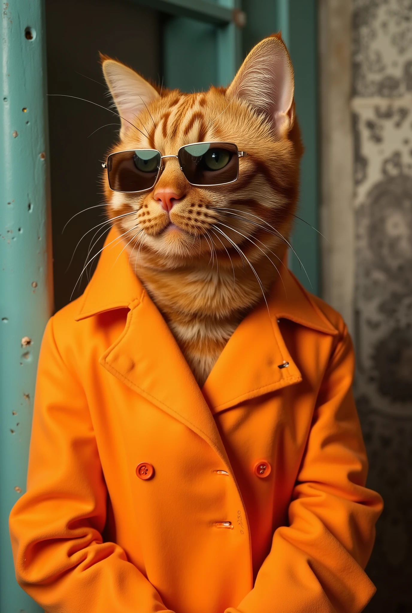The best award-winning desktop wallpapers for mobile devices, portrait photo on a telephone pole in Halle, On the front side you can see a portraitanthropomorphic brutal red tabby cat dressed in the fashion of the space age of the mid-1960s, Side shot taken with a Canon EOS R5 camera, highlight the subject, excellent contrast, Fluorescent Orange shades, wear a very trendy turquoise trench coat and sunglasses in the trendy 1960s style, beautiful background