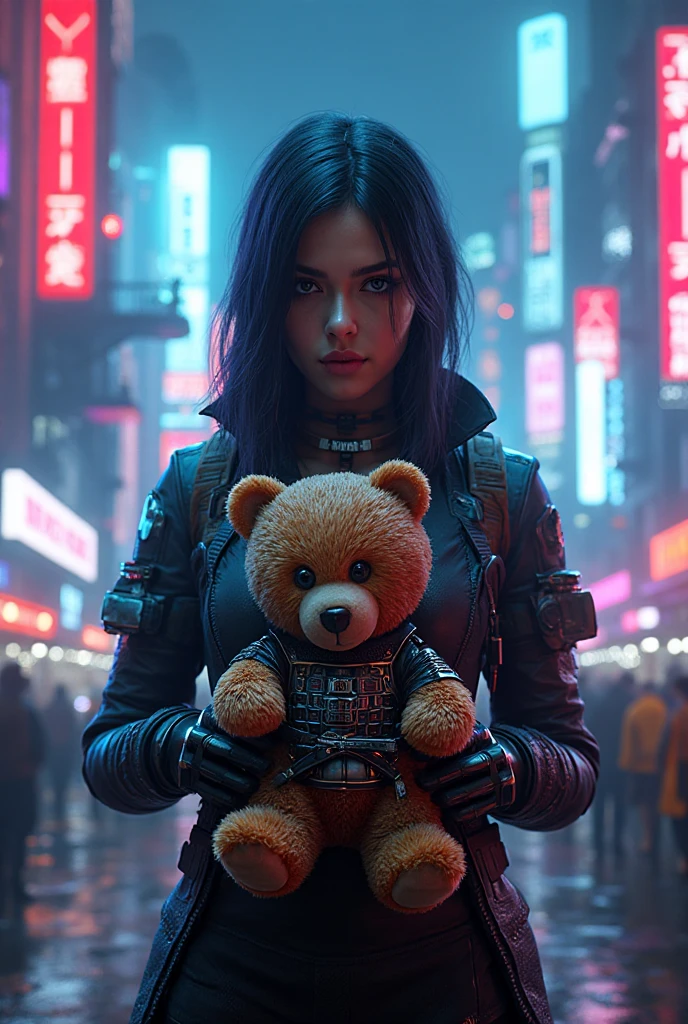 ((Best Quality)), ((Masterpiece)), (Very detailed: 1.3), 3D, NeonNoir, beautiful cyberpunk , (holding teddy bear: 1), (wearing sunglasses: 1.2), (diamond-shaped pupils: 1.2), heart-shaped, wearing a long hooded cape, (wearing a hood: 1.2), purple neon on the monitor, colorful neon signs on the wall, street lights, (white emitting: 1.1), contemptuous eyes, Standing on the street, Sony Master lens,
