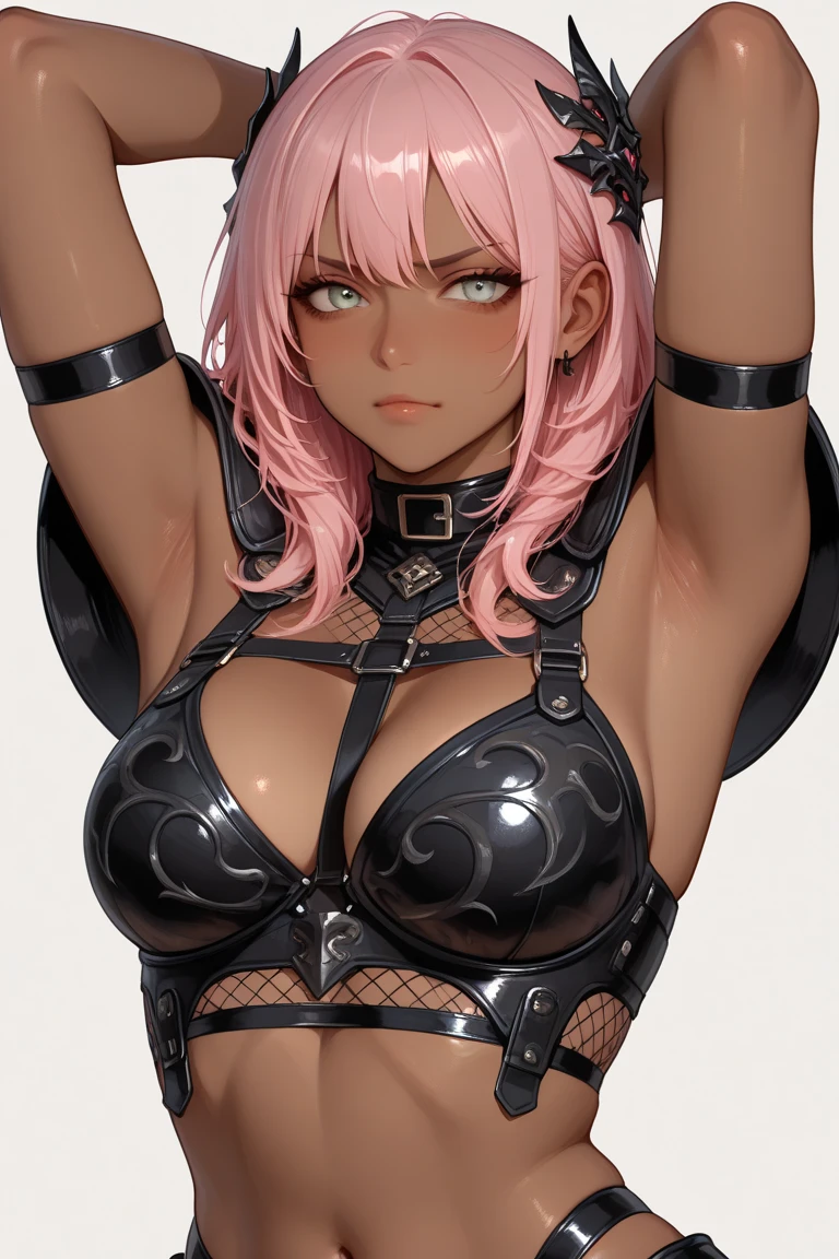 , (Perfect Anatomy)、Mastepiece、Ultra High Quality、 8k、masterpiece、Highest quality、Ultra-high resolution、Maximum resolution、Very detailed、Professional Lighting、anime、woman、thin、Very beautiful face、Very beautiful eyes、(Highly detailed eye)、Highly detailed face、Blonde, (ahoge), wavy hair, Pink eyes, (gold hair random dip-dye hair), stomach cutout, thigh boots, high heels, white mini pencil skirt, white off shoulder, makeup, eyeliner, eye shadow, pink cheek, pink lips, full body, m legs