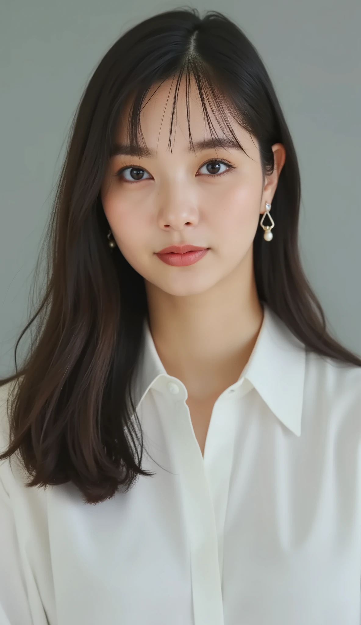 Neat Young Woman、looking at the camera、office lady suit、jacket、shirt、Ear piercings、 、無表情、face close-up、The background is office