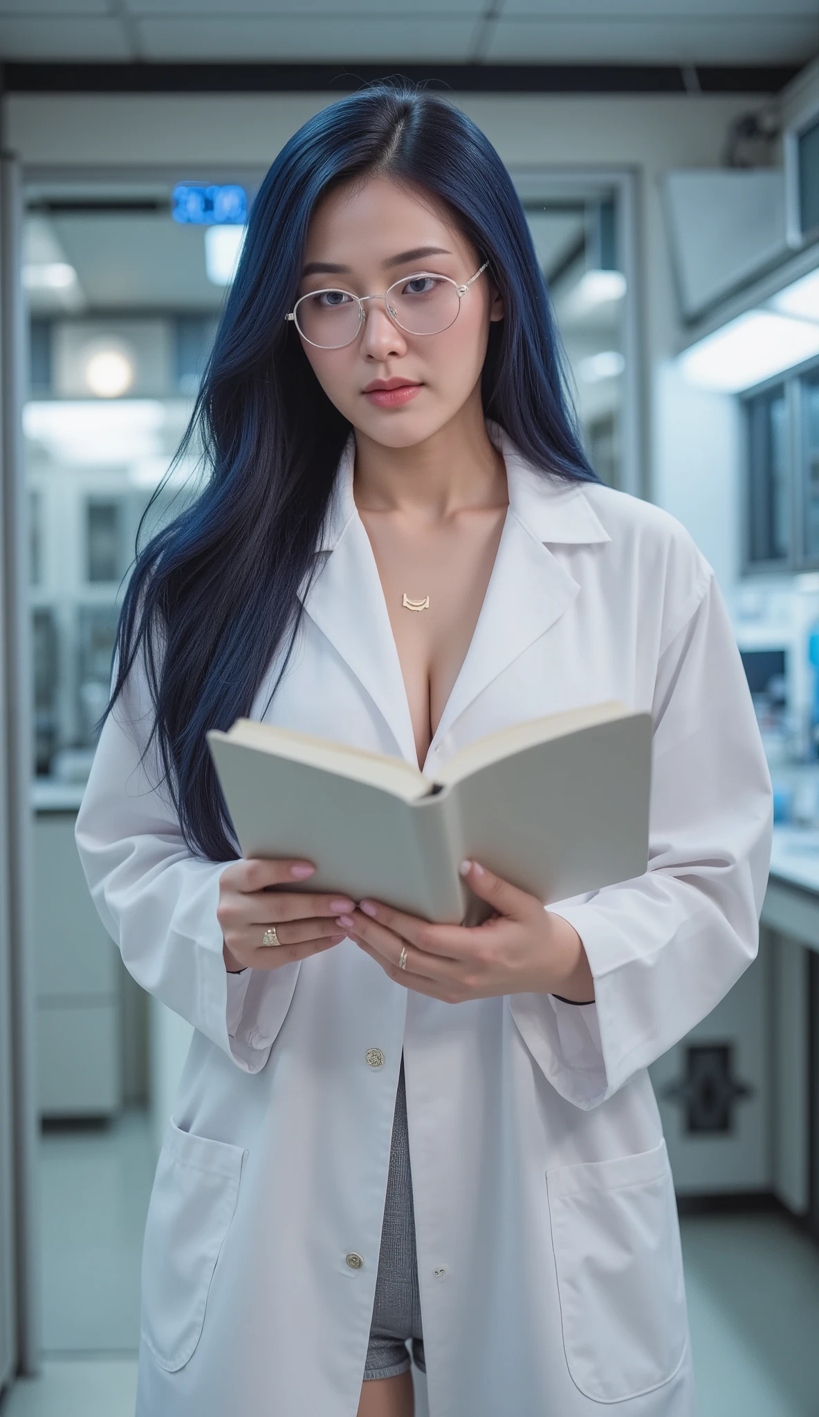 Score_9, Score_8_up, Score_7_up, Score_6_up, Score_5_up, Score_4_up, Source_realistic, Tag1, Tag2, Quality_masterpiece, Anatomically correct, Beautiful face, Perfect face, Highly detailed beautiful face and eyes, Attractive face, Detailed face, Delicate facial features, Detailed skin, Big breasted, Sensual woman, mature female, milf, motherly, lab Trench-coat, glasses, Hyūga_Hinata's, Dark Blue hair, long hair, 1girl, mary test, White eyes, crescent Ornament Hair, Full Body, Walking at Lab Corridor, Reading Journal Of Her Last Experiment, At Laboratorium, Sci Fi Universe.