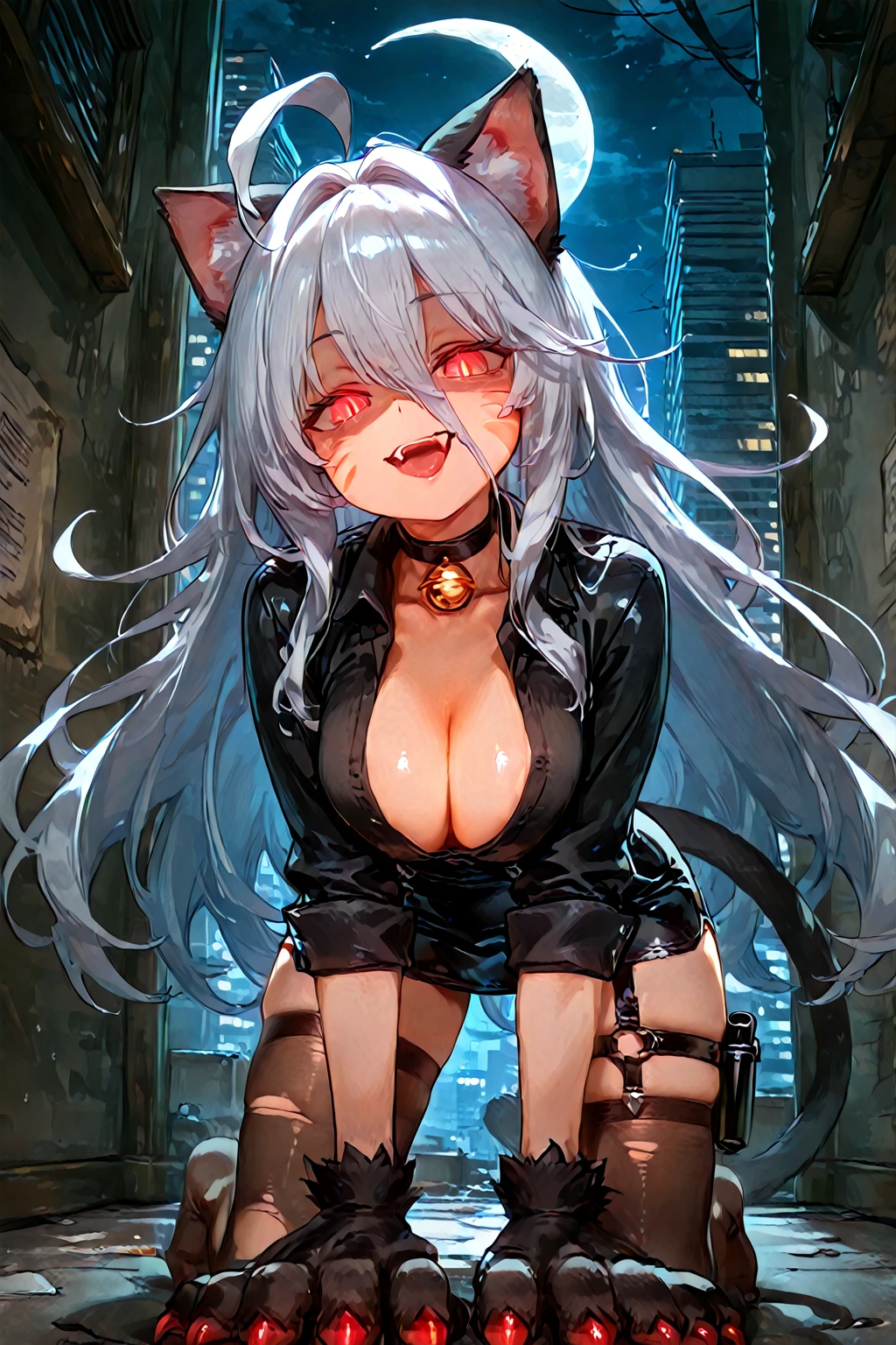 1 girl, big, succubus, evil smile, long gray hair, pale skin, heart-shaped light blue eyes, fangs, white cat ears, cage, chain --auto --s2