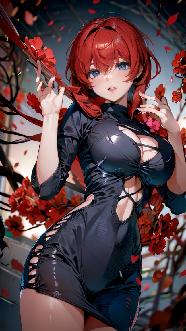 best quality,masterpiece, an extremely delicate and beautiful, CG,extremely detailed ,highres, extremely detailed,depth of field, 1girl,beautiful detailed girl,(Blood red hair),long_hair, beautiful detailed red eyes,(makeup:1.2),Red lips,light on face,(seductive smile:1.2),big breasts,(thigh),red Torn pantyhose,red torn dress,(full body blood),flower tattoo on breasts,Bleeding wounds,Bleeding from knife wounds,(cowboy shot:1.2),Red spider lily