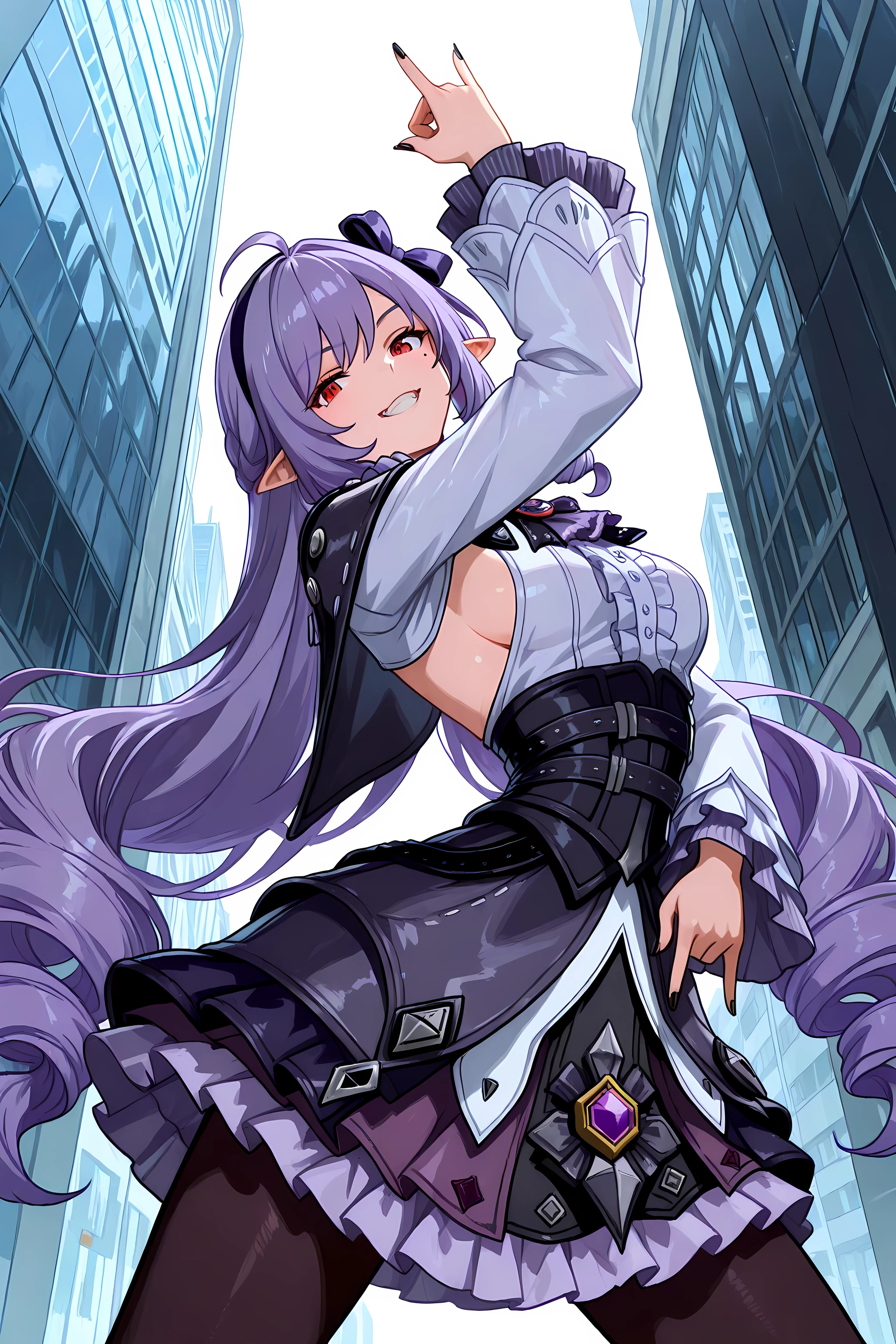 748cmstyle,<lora:killer-queens-pose-illustriousxl-lora-nochekaiser:1>, killer queens pose, killer queens's pose (jojo), jojo pose, arm up, hand up, \n/, double \n/, arm down, hand down, grin, arched back, bent over, cowboy shot,black cape, shoulder cape, short cape, purple gemstone, multiple bows, purple bowtie, black bowtie, purple ascot, frilled ascot, white dress, frilled dress, pleated dress, center frills, sideboob cutout, long sleeves, wide sleeves, frilled sleeves, black corset, two-tone skirt, black skirt, purple skirt, frilled skirt, layered skirt, black pantyhose,vivian (zenless zone zero), red eyes, mole, mole under eye, purple hair, very long hair, drill hair, ahoge, pointy ears, two-tone hairband, black hairband, purple hairband, purple hair bow, black nails, fingernails, nail polish, in citysquare, high building, asphalt, zebracross, view from below,