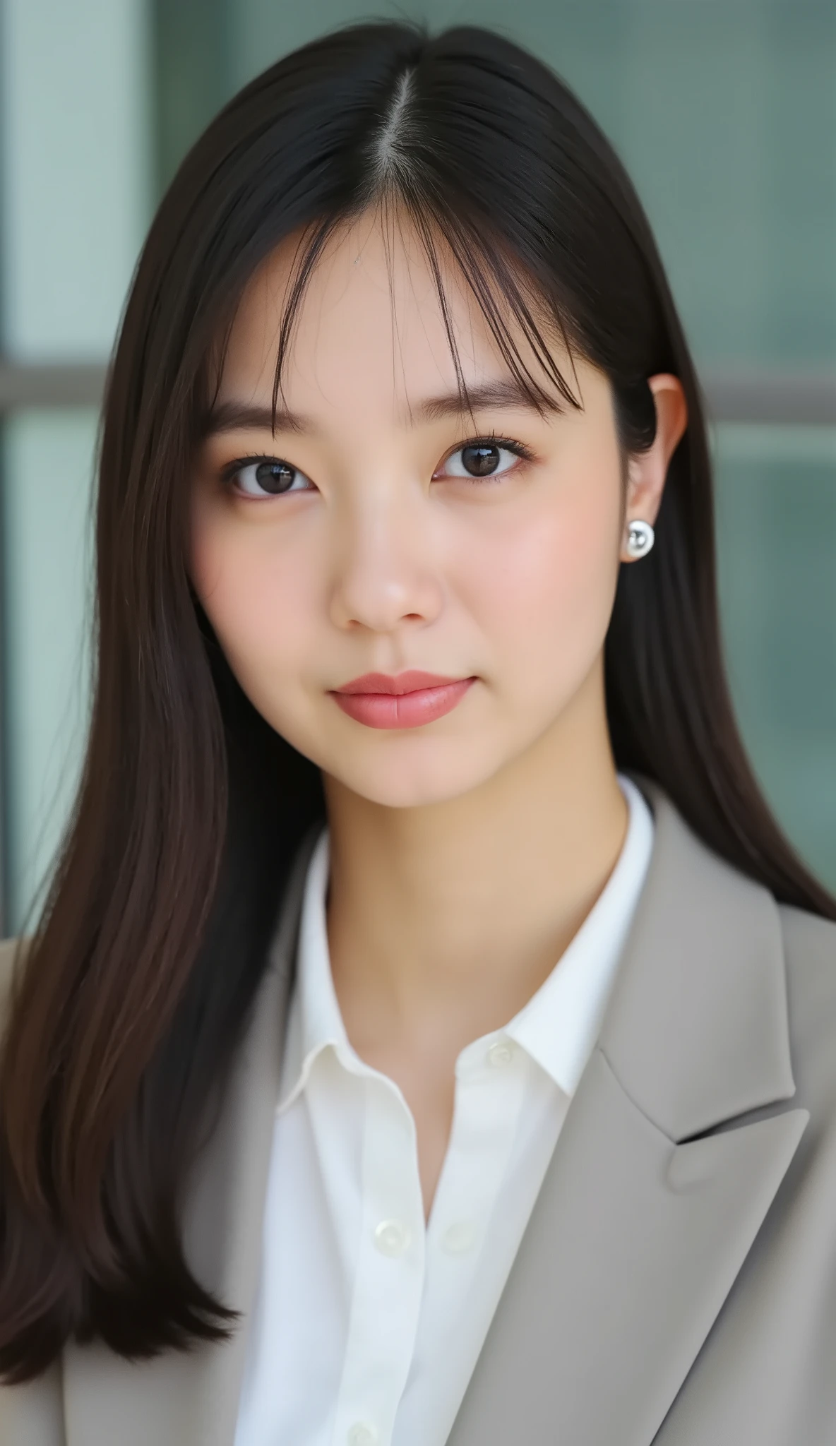 Neat Young Woman、looking at the camera、office lady suit、jacket、shirt、Ear piercings、 、無表情、face close-up、The background is office