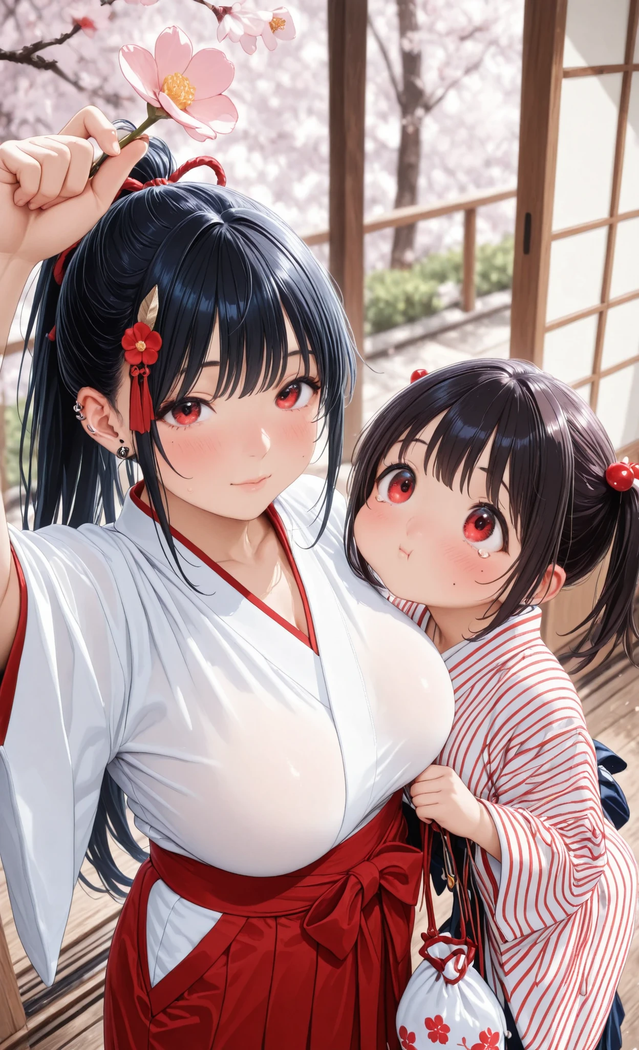 2Girls ((Highest Quality)), ((masterpiece、high sensitivity、high resolution、detailed description、accurate to human anatomy depicting a delicate face))Two female college students lining up on the veranda looking up at cherry blossoms、from above、Wearing a thin, arrow-striped kimono and hakama securely、holding a drawstring bag with a flower pattern or arrow feather stripe、infant figure、round face、Babyface、Plump Cheeks、gentle face、Pretty far apart、Thick tear bag、Thick lower lip、Deep-set eyelids、Extraordinarily long lashes、cheeky slack、I have so many piercings、dark haired、ponytail with a large red ribbon、Camellia hair ornament shortcut