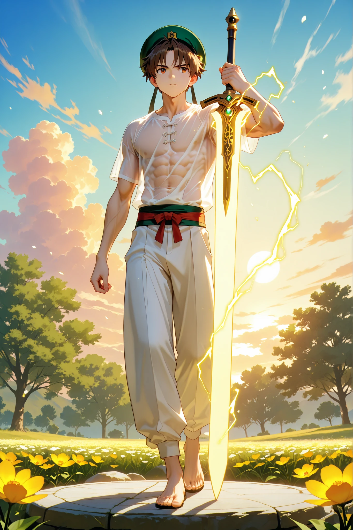 (masterpiece, absurdres, detailed:1.2), anime style, best quality, Ultra High Resolution, intricate detail, (medium figure scale:1.3),
1boy, RiShaoran, japanese boy, very handsome, perfect face, cute face, clear and beautiful detailed eyes, detailed skin, pale skin, skin,
male focus, solo, brown hair, brown eyes, hat, green headwear, chinese clothes, white see-through shirt, white pants, perfect hand,
use lightning magic, left hand holding a sword, slim body and muscles, chiseled abdominal muscles, Nice looking eight abs, Excellent body proportions, perfect anatomy, dynamic pose, full body,
outdoor, sky, cloud, flower, tree, cinematic composition, soft lighting, Cinematic Lighting, deep shadows, Bright colors,