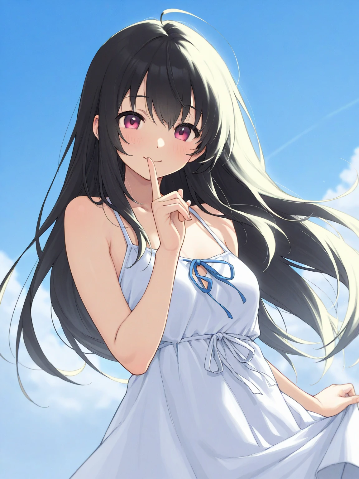 a beautiful young girl with long black hair and bright red eyes, wearing a swimsuit and standing with a bright smile, (((holding a white paper up towards the viewer))), set against a backdrop of a blue ocean and sky with shimmering light reflections on the water