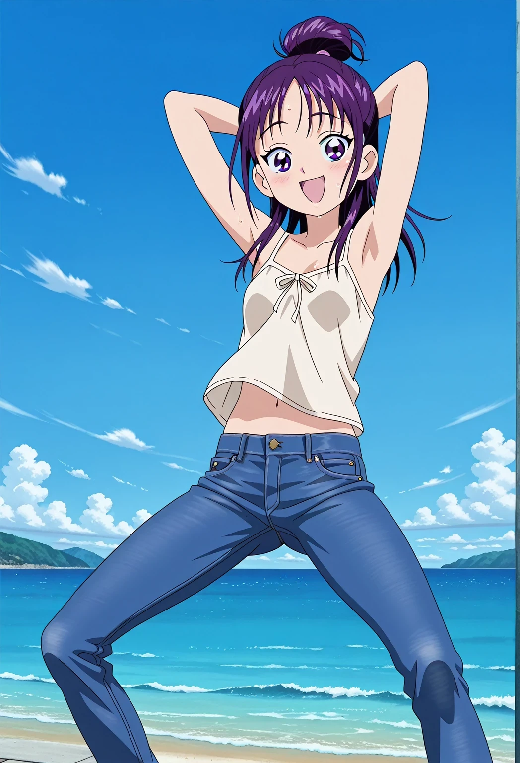 score_9, score_8_up, score_7_up, source_anime, highres, hi res, ((best quality, top quality, perfect quality, Highest Quality, amazing quality)), {{masterpiece}}, {{an extremely delicate and beautiful}}, 2d, intricate details, official style, anime, 8k, anime style, official_anime, official art, digital painting, cell shading, soft shading, high resolution, soothing tones, Subdued Color, Soft cinematic light, adobe lightroom, photolab, HDR, intricately and hyper-detailed, ((high quality animation)), 1 girl, Alone, solo, ((ocean)), tsunami, on the water, day, sunny, outdoors, sky, windy, Mai, purple_eyes, purple hair, long_hair, hair bun, anime screencap, small breasts, light beige camisole top, crop top, light beige crop top, best quality, hyper-detailed jeans, ((purple blue jeans:1.9)), (dark blue jeans:0.6), full medium body, medium shot, Open mouth, smiling, happy face, blush, sweat, standing, ((arms behind head:6.0)), bowlegged, jumping pose, action, looking at viewer, spread legs, Bend knees slightly, straight-on front view