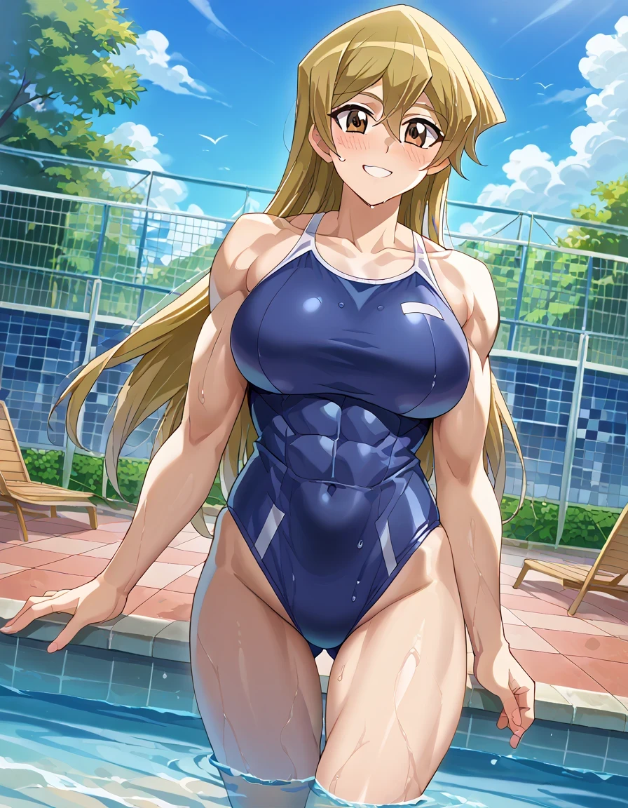 score 9 、score 8 up 、score 7 up 、source anime 、傑作 、best quality 、best resolution 、best image quality 、anime coloring 、anime screencap 、anime screenshot 、1girl 、 <lora:asuka-tenjouin-ponyxl-lora-nochekaiser:1> 、asuka tenjouin 、blonde hair 、brown eyes 、hair between eyes 、long hair 、straight hair 、very long hair 、solo 、big breasts 、cleavage 、large breasts 、large boobs 、deltoids 、anterior deltoids 、middle deltoids 、posterior deltoids 、biceps 、biceps long head 、biceps short head 、triceps 、triceps medial head 、triceps long head 、triceps lateral head 、brachioradialis 、thigh muscles 、semitendinosus muscles 、adductor magnus muscles 、hamstrings 、muscular girl 、tall girl 、toned body 、standing 、smile 、blush 、<lora:competition-school-swimsuit-ponyxl-lora-nochekaiser:1> 、competition school swimsuit 、school swimsuit 、trace swimsuit 、navy blue one-piece swimsuit 、one-piece swimsuit 、swimsuit 、wet swimsuit 、single vertical stripe 、high leg cut 、covered abs 、covered navel 、bare shoulders 、bare arms 、bare crotch 、bare thighs 、bare legs 、female focus 、looking at viewer 、cowboy shot 、dutch angle 、pool 、poolside 、outdoor 、