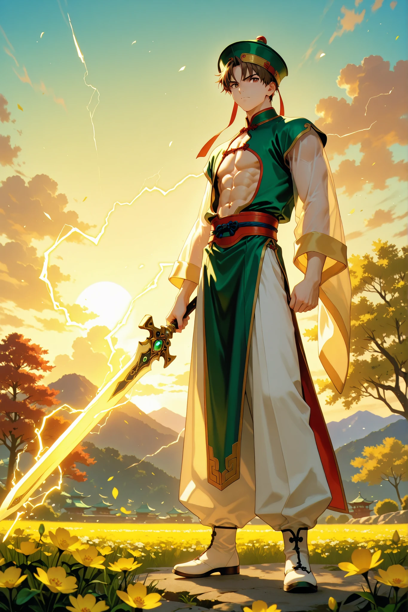 (masterpiece, absurdres, detailed:1.2), anime style, best quality, Ultra High Resolution, intricate detail, medium figure scale,
1boy, RiShaoran, japanese boy, very handsome, perfect face, cute face, clear and beautiful detailed eyes, detailed skin, pale skin,
male focus, solo, brown hair, brown eyes, hat, green headwear, chinese clothes, white see-through shirt, white pants, perfect hand,
use lightning magic, left hand holding a sword, slim body and muscles, chiseled abdominal muscles, Nice looking eight abs, Excellent body proportions, perfect anatomy, dynamic pose, full body,
outdoor, sky, cloud, flower, tree, cinematic composition, soft lighting, Cinematic Lighting, deep shadows, Bright colors,