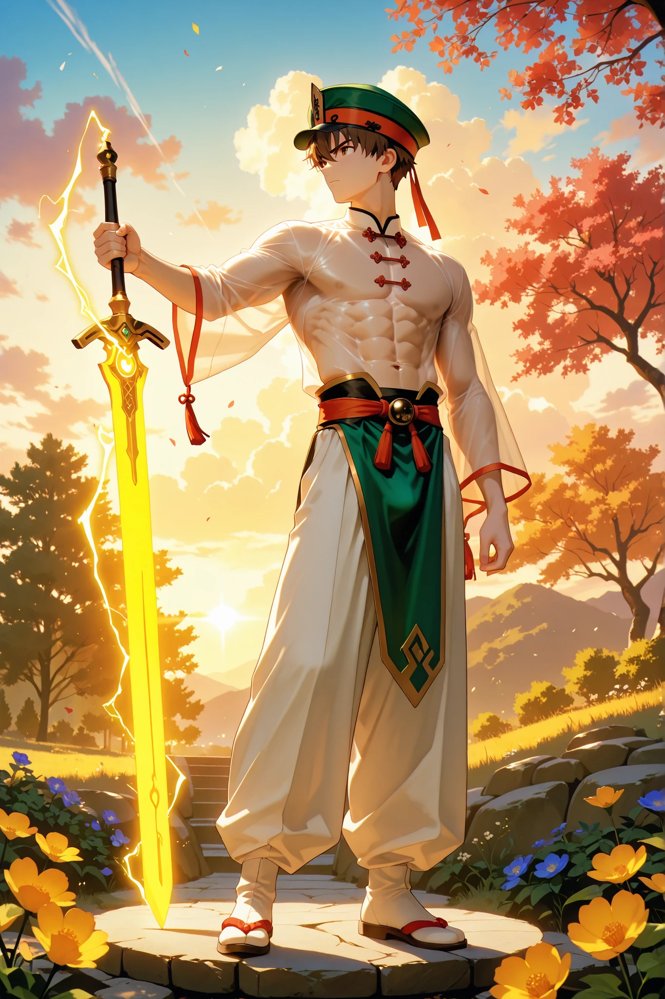 (masterpiece, absurdres, detailed:1.2), anime style, best quality, Ultra High Resolution, intricate detail,  (medium figure scale:1.3),
1boy, RiShaoran, japanese boy, very handsome, perfect face, cute face, clear and beautiful detailed eyes, detailed skin, pale skin, skin, 
male focus, solo, brown hair, brown eyes, hat, green headwear, chinese clothes, white see-through shirt, white pants, perfect hand,
use lightning magic, left hand holding a sword, slim body and muscles, chiseled abdominal muscles, Nice looking eight abs, Excellent body proportions, perfect anatomy, dynamic pose, full body,
outdoor, sky, cloud, flower, tree, cinematic composition, soft lighting, Cinematic Lighting, deep shadows, Bright colors,