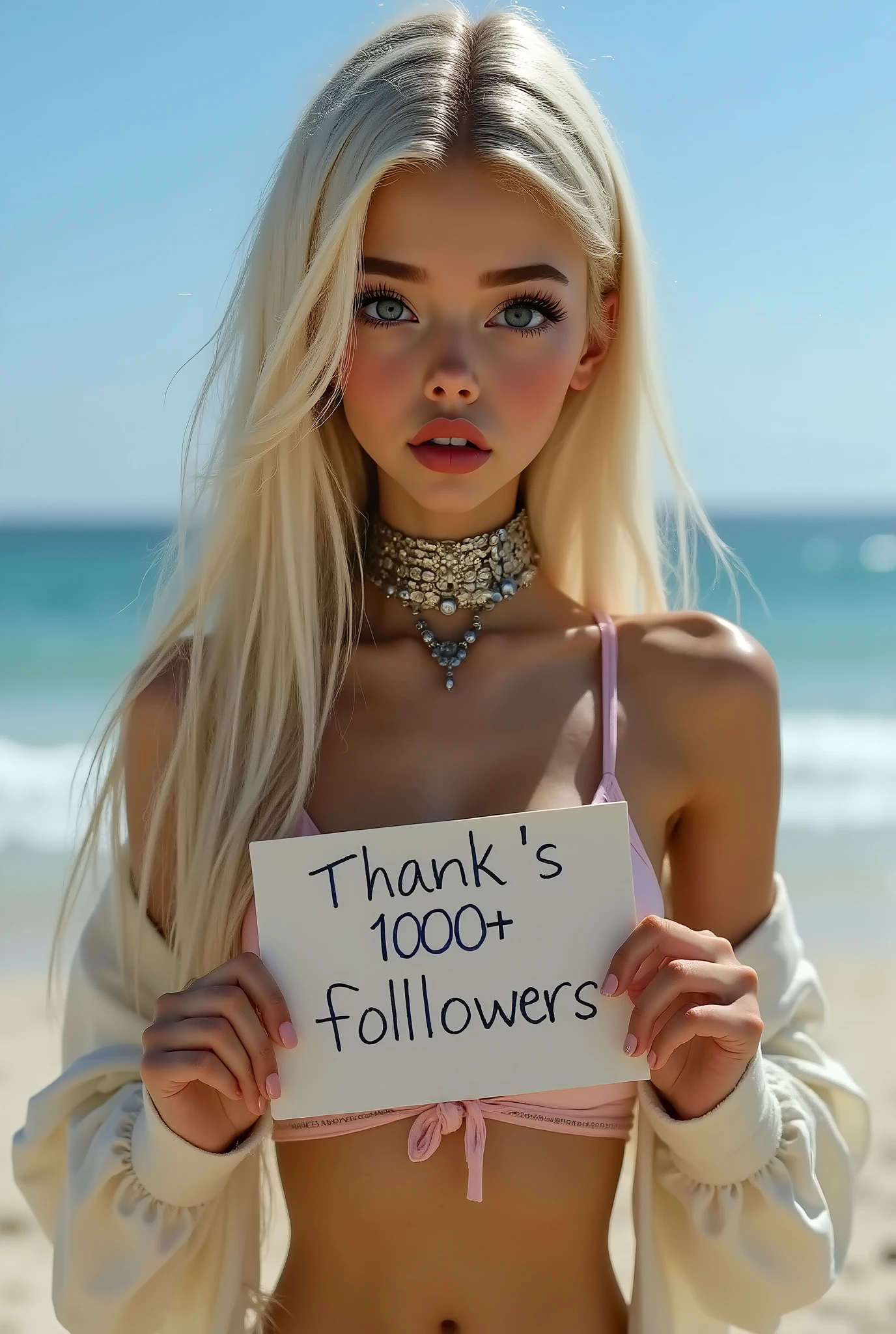 masterpiece, best quality, amazing quality, ultra realistic, skinny girl in bikini on beach, holding a sign covered breasts with the words "thank's 1000+ followers", blonde, blue eyes, narrow waist, sexy pose, smirk, cowboy shot, very aesthetic, cinematic, edge_fashion,