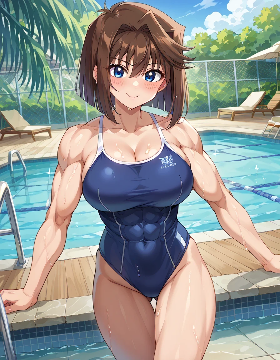 score 9 、score 8 up 、score 7 up 、source anime 、傑作 、best quality 、best resolution 、best image quality 、anime coloring 、anime screencap 、anime screenshot 、1girl 、 <lora:anzu-mazaki-ponyxl-lora-nochekaiser:1> 、anzu mazaki 、brown hair 、short hair 、blue eyes 、solo 、big breasts 、cleavage 、large breasts 、large boobs 、deltoids 、anterior deltoids 、middle deltoids 、posterior deltoids 、biceps 、biceps long head 、biceps short head 、triceps 、triceps medial head 、triceps long head 、triceps lateral head 、brachioradialis 、thigh muscles 、semitendinosus muscles 、adductor magnus muscles 、hamstrings 、muscular girl 、tall girl 、toned body 、standing 、smile 、blush 、<lora:competition-school-swimsuit-ponyxl-lora-nochekaiser:1> 、competition school swimsuit 、school swimsuit 、trace swimsuit 、navy blue one-piece swimsuit 、one-piece swimsuit 、swimsuit 、wet swimsuit 、single vertical stripe 、high leg cut 、covered abs 、covered navel 、bare shoulders 、bare arms 、bare crotch 、bare thighs 、bare legs 、female focus 、looking at viewer 、cowboy shot 、dutch angle 、pool 、poolside 、outdoor 、