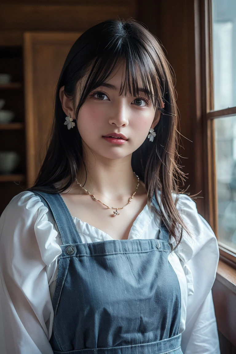 (Highest quality:1.4),(masterpiece:1.4),(Realistic:1.4),(Realistic:1.2),(超High resolution, RAW Photos:1.4),(High resolution, Ultra-detailed:1.2),(8K:1.2),View your viewers,Cinematic photography,Black Hair,Small earrings，necklace,One girl,skeletally correct，(Polka dot dress,View from the front),（Western-style building interior，Dimly lit room，The lamplight shines on my cheeks）