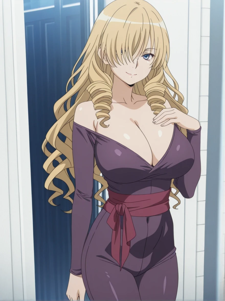 傑作、best quality、best resolution、best image quality、amazing quality、 very aesthetic、 absurdres、anime coloring、anime screencap、anime screenshot、1woman 、 <lora:oriana-thomson-indexs2-illustriousxl-lora-nochekaiser:1> 、 oriana thomson 、solo 、blonde hair 、long hair 、blue eyes 、drill hair 、drill sidelocks 、hair over one eye 、sidelocks 、very large breasts 、cleavage 、large boobs 、large tits 、mature female 、collarbone 、purple bodysuit 、bare shoulders 、long sleeves、outfit:bodysuit 、cyan sash 、sash 、tight bodysuit 、seamless 、purple high heels 、tall woman 、standing 、cowboy shot 、looking at viewer 、female focus 、dutch angle 、smile、elegant、elegant smile、