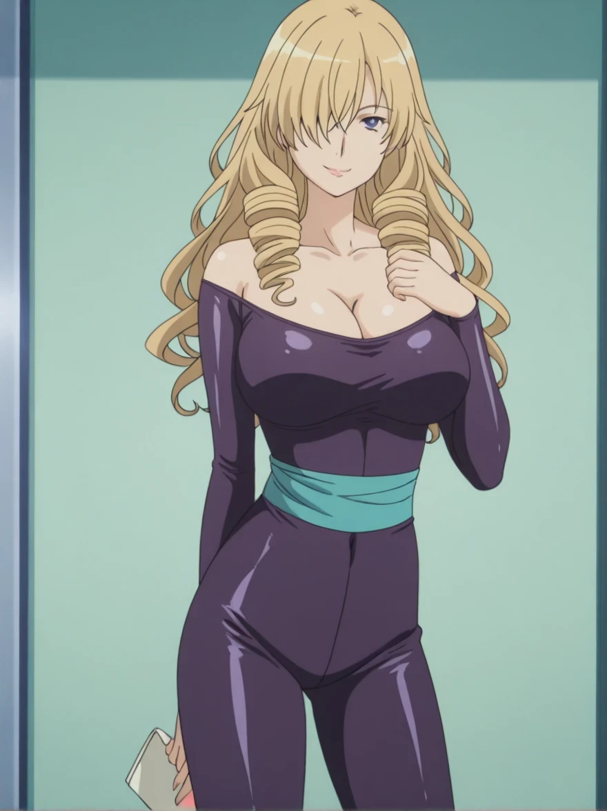 傑作、best quality、best resolution、best image quality、amazing quality、 very aesthetic、 absurdres、anime coloring、anime screencap、anime screenshot、1woman 、 <lora:oriana-thomson-indexs2-illustriousxl-lora-nochekaiser:1> 、 oriana thomson 、solo 、blonde hair 、long hair 、blue eyes 、drill hair 、drill sidelocks 、hair over one eye 、sidelocks 、very large breasts 、cleavage 、large boobs 、large tits 、mature female 、collarbone 、purple bodysuit 、bare shoulders 、outfit:bodysuit 、cyan sash 、sash 、tight bodysuit 、seamless 、purple high heels 、tall woman 、standing 、cowboy shot 、looking at viewer 、female focus 、dutch angle 、smile、elegant、elegant smile、