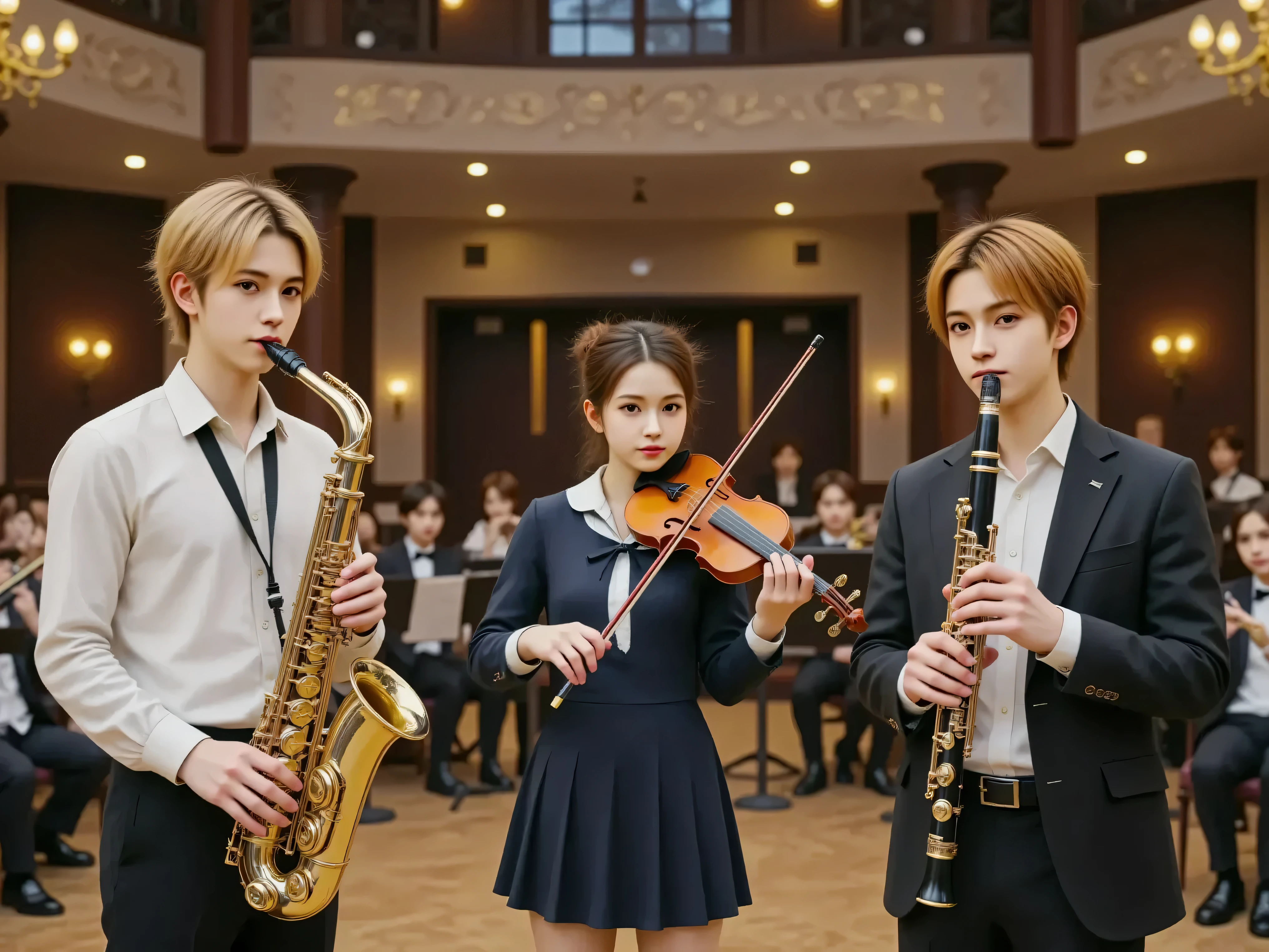 (Blake: 1 young man, Blonde, white shirt, Play Saxophone),
(Sophia: 1 girl under school uniform, dark haired, dress, playing violin),
(John: 1 young man, Red hair, Black Jacket, Cartoon character design playing clarinet),
The three are performing in a gorgeous hall