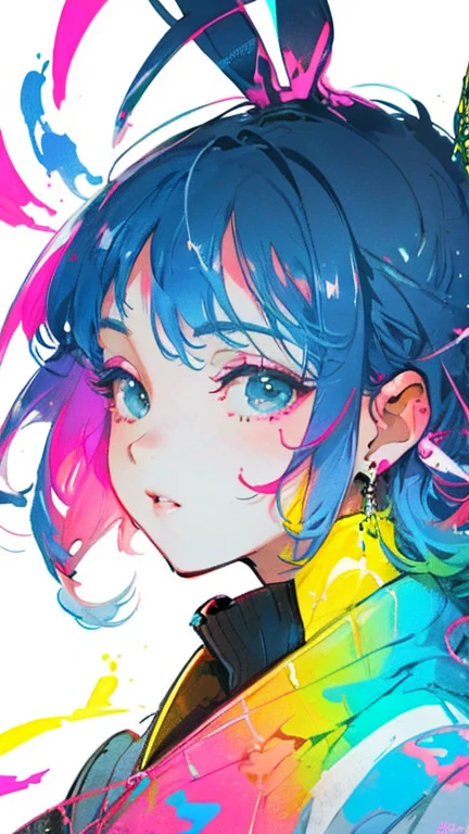 (((1人の女性)))、(Top resolution、Distinct_image) best qualtiy、(((Pop)))、1990's、((colorful backdrop))、((illuminating))、ighly detailed、Semi-realistic、Sky blue colored hair、((hairstyle I made、A smile、bangss、20yr old、年轻、((tshirts))、delicate  features  features、View from below、((Detailed eyes))