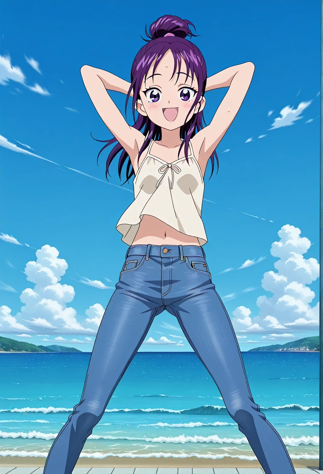 score_9, score_8_up, score_7_up, source_anime, highres, hi res, ((best quality, top quality, perfect quality, Highest Quality, amazing quality)), {{masterpiece}}, {{an extremely delicate and beautiful}}, 2d, intricate details, official style, anime, 8k, anime style, official_anime, official art, digital painting, cell shading, soft shading, high resolution, soothing tones, Subdued Color, Soft cinematic light, adobe lightroom, photolab, HDR, intricately and hyper-detailed, ((high quality animation)), 1 girl, Alone, solo, ((ocean)), tsunami, on the water, day, sunny, outdoors, sky, windy, Mai, purple_eyes, purple hair, long_hair, hair bun, anime screencap, small breasts, light beige camisole top, crop top, light beige crop top, best quality, hyper-detailed jeans, ((purple blue jeans:1.9)), (dark blue jeans:0.6), full medium body, medium shot, Open mouth, smiling, happy face, blush, sweat, standing, ((arms behind head:6.0)), bowlegged, jumping pose, action, looking at viewer, spread legs, Bend knees slightly, straight-on front view