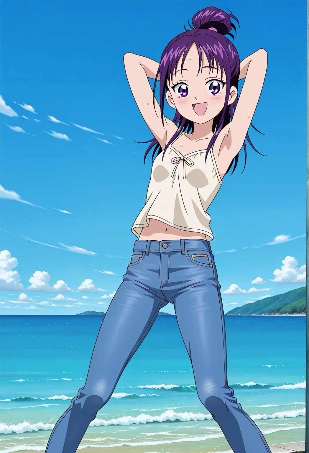 score_9, score_8_up, score_7_up, source_anime, highres, hi res, ((best quality, top quality, perfect quality, Highest Quality, amazing quality)), {{masterpiece}}, {{an extremely delicate and beautiful}}, 2d, intricate details, official style, anime, 8k, anime style, official_anime, official art, digital painting, cell shading, soft shading, high resolution, soothing tones, Subdued Color, Soft cinematic light, adobe lightroom, photolab, HDR, intricately and hyper-detailed, ((high quality animation)), 1 girl, Alone, solo, ((ocean)), tsunami, on the water, day, sunny, outdoors, sky, windy, Mai, purple_eyes, purple hair, long_hair, hair bun, anime screencap, small breasts, light beige camisole top, crop top, light beige crop top, best quality, hyper-detailed jeans, ((purple blue jeans:1.9)), (dark blue jeans:0.6), full medium body, medium shot, Open mouth, smiling, happy face, blush, sweat, standing, ((arms behind head:6.0)), bowlegged, jumping pose, action, looking at viewer, spread legs, Bend knees slightly, straight-on front view