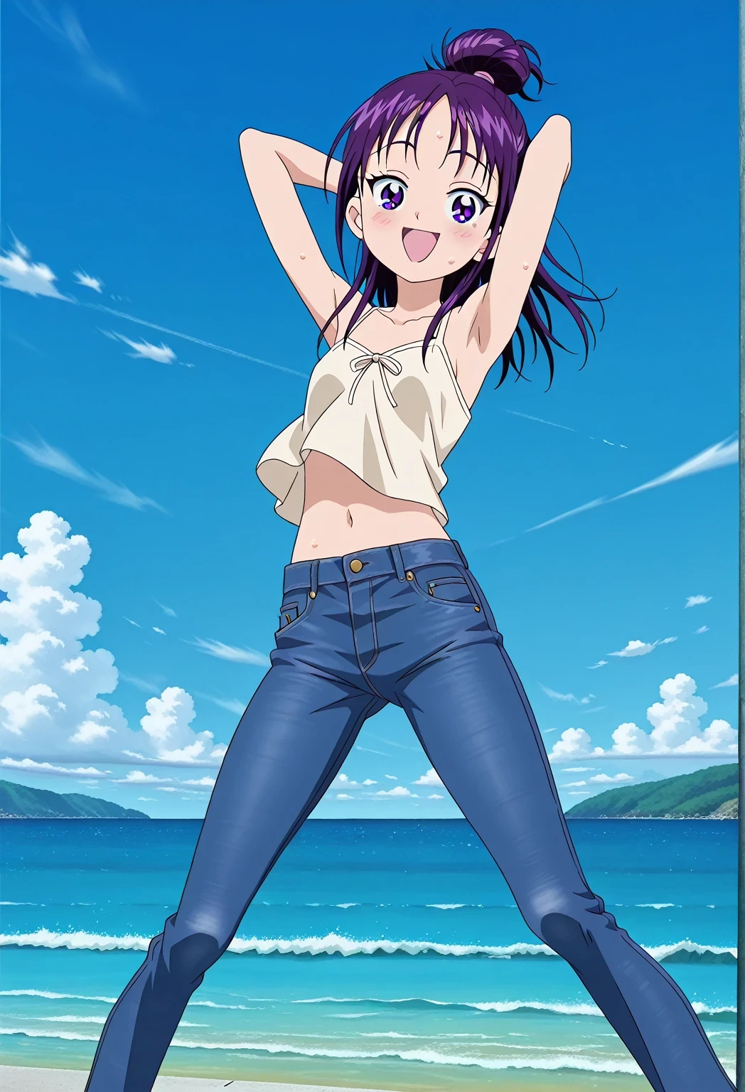 score_9, score_8_up, score_7_up, source_anime, highres, hi res, ((best quality, top quality, perfect quality, Highest Quality, amazing quality)), {{masterpiece}}, {{an extremely delicate and beautiful}}, 2d, intricate details, official style, anime, 8k, anime style, official_anime, official art, digital painting, cell shading, soft shading, high resolution, soothing tones, Subdued Color, Soft cinematic light, adobe lightroom, photolab, HDR, intricately and hyper-detailed, ((high quality animation)), 1 girl, Alone, solo, ((ocean)), tsunami, on the water, day, sunny, outdoors, sky, windy, Mai, purple_eyes, purple hair, long_hair, hair bun, anime screencap, small breasts, light beige camisole top, crop top, light beige crop top, best quality, hyper-detailed jeans, ((purple blue jeans:1.9)), (dark blue jeans:0.6), full medium body, medium shot, Open mouth, smiling, happy face, blush, sweat, standing, ((arms behind head:6.0)), bowlegged, jumping pose, action, looking at viewer, spread legs, Bend knees slightly, straight-on front view