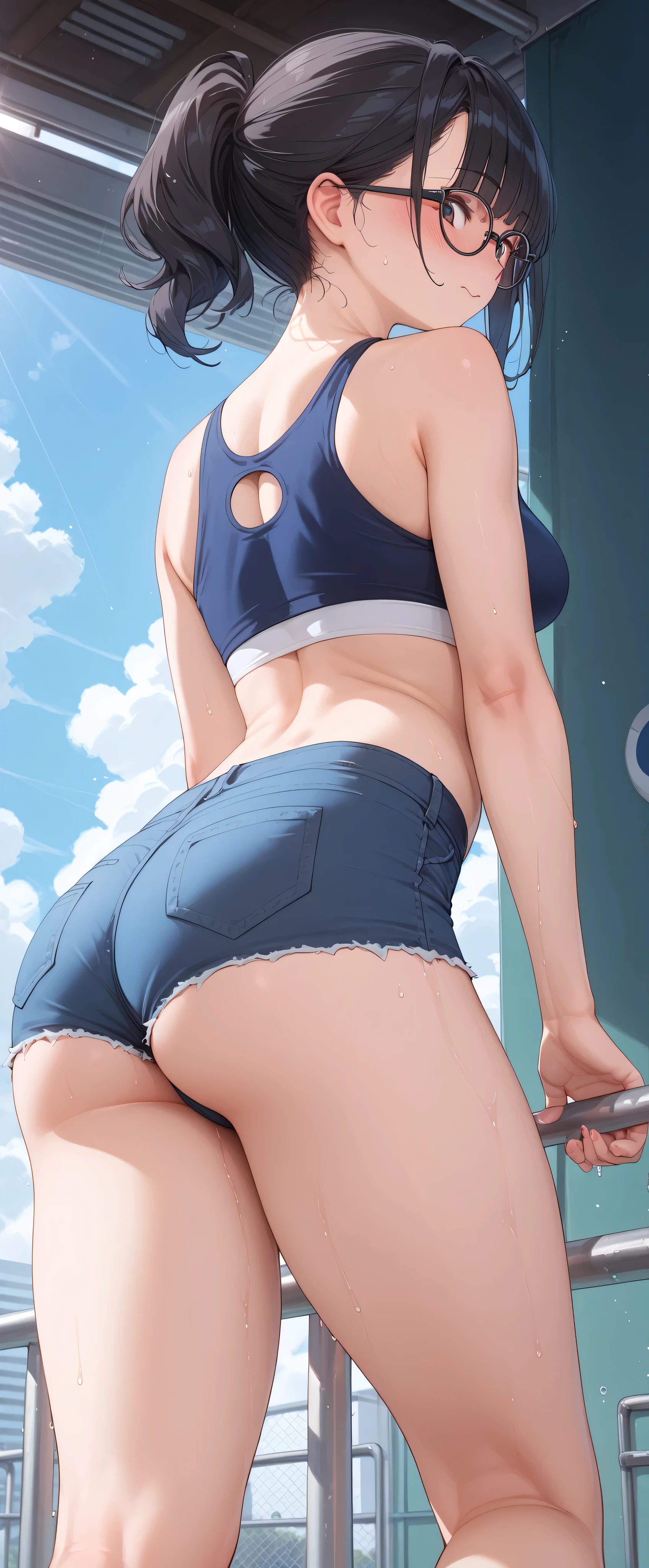 high resolution, Adult female , Good Lighting, Despicable, , (I haven't taken off my clothes), (((sports bra, micro short jeans,))), , Abdominal area only, (Up-angle to buttocks), , cute face, I' m I'm so embarrassed that I blush, embarrassed, (glasses), ((Dark Haired))(big butt)()(look back and look back)((short hair)),((low angle with handrail))thighs are wet,((open your legs wide))Rokka