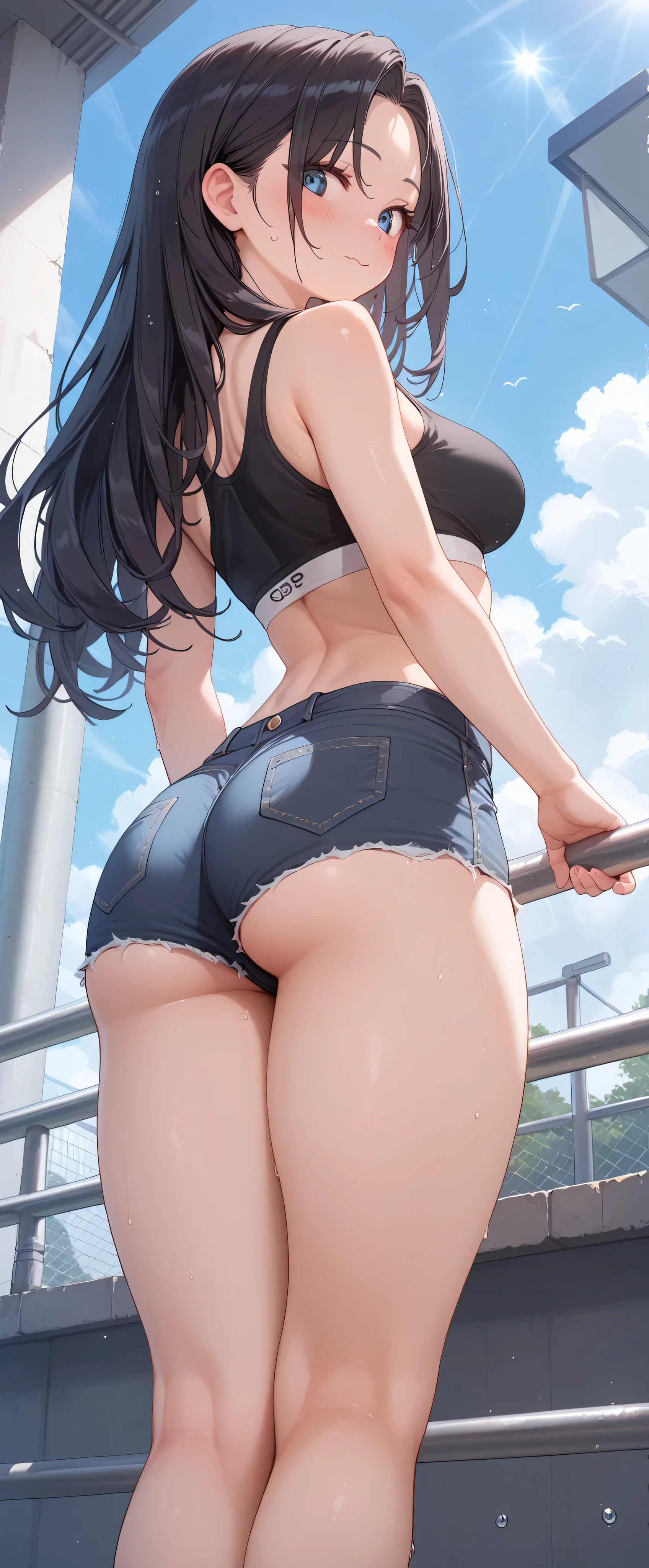 high resolution, Adult female , Good Lighting, Despicable, , (I haven't taken off my clothes), (((sports bra, micro short jeans,))), , Abdominal area only, (Up-angle to buttocks), , cute face, I' m I'm so embarrassed that I blush, embarrassed, (), ((Dark Haired))(big butt)()(look back and look back)((long hair)),((low angle with handrail))thighs are wet,((open your legs wide))Rokka