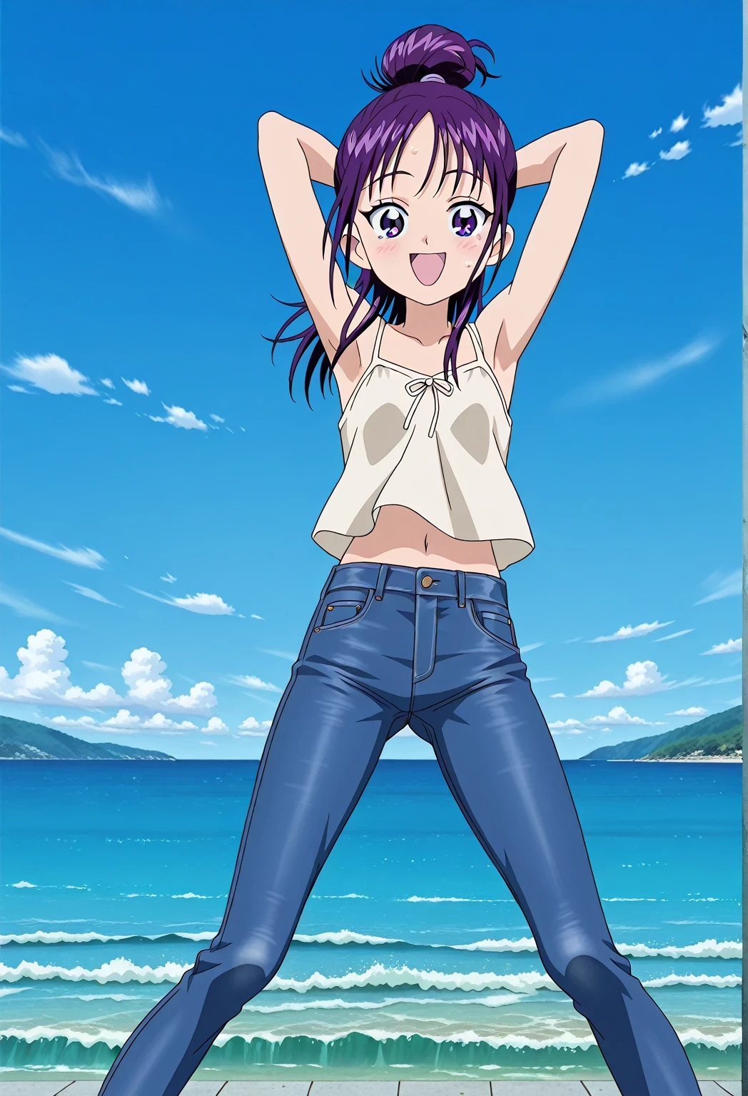 score_9, score_8_up, score_7_up, source_anime, highres, hi res, ((best quality, top quality, perfect quality, Highest Quality, amazing quality)), {{masterpiece}}, {{an extremely delicate and beautiful}}, 2d, intricate details, official style, anime, 8k, anime style, official_anime, official art, digital painting, cell shading, soft shading, high resolution, soothing tones, Subdued Color, Soft cinematic light, adobe lightroom, photolab, HDR, intricately and hyper-detailed, ((high quality animation)), 1 girl, Alone, solo, ((ocean)), tsunami, on the water, day, sunny, outdoors, sky, windy, Mai, purple_eyes, purple hair, long_hair, hair bun, anime screencap, small breasts, light beige camisole top, crop top, light beige crop top, best quality, hyper-detailed jeans, ((purple blue jeans:1.9)), (dark blue jeans:0.6), full medium body, medium shot, Open mouth, smiling, happy face, blush, sweat, standing, ((arms behind head:6.0)), bowlegged, jumping pose, action, looking at viewer, spread legs, Bend knees slightly, straight-on front view