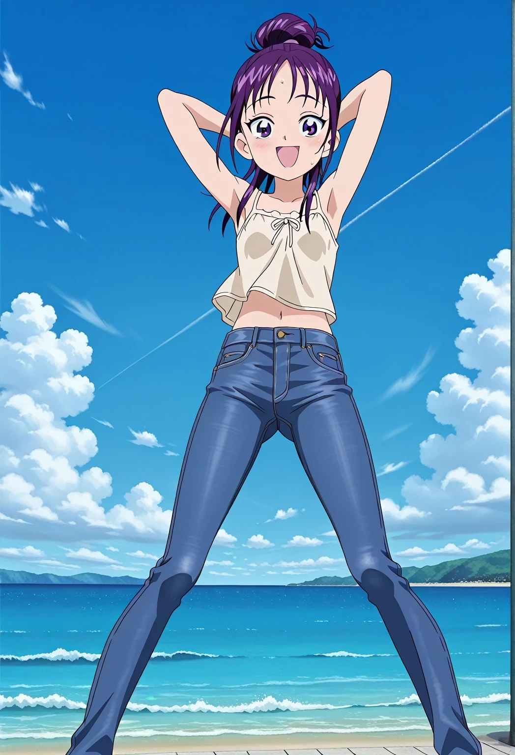 score_9, score_8_up, score_7_up, source_anime, highres, hi res, ((best quality, top quality, perfect quality, Highest Quality, amazing quality)), {{masterpiece}}, {{an extremely delicate and beautiful}}, 2d, intricate details, official style, anime, 8k, anime style, official_anime, official art, digital painting, cell shading, soft shading, high resolution, soothing tones, Subdued Color, Soft cinematic light, adobe lightroom, photolab, HDR, intricately and hyper-detailed, ((high quality animation)), 1 girl, Alone, solo, ((ocean)), tsunami, on the water, day, sunny, outdoors, sky, windy, Mai, purple_eyes, purple hair, long_hair, hair bun, anime screencap, small breasts, light beige camisole top, crop top, light beige crop top, best quality, hyper-detailed jeans, ((purple blue jeans:1.9)), (dark blue jeans:0.6), full medium body, medium shot, Open mouth, smiling, happy face, blush, sweat, standing, ((arms behind head:6.0)), bowlegged, jumping pose, action, looking at viewer, spread legs, Bend knees slightly, straight-on front view