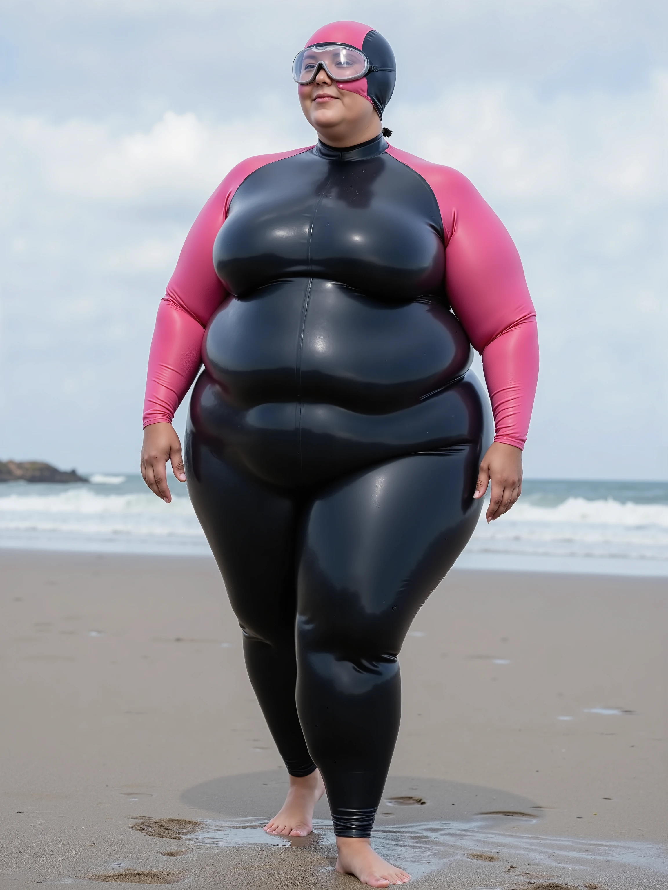 A 48 year old obese Asian woman wears a neoprene wetsuit that is black shiny rubber, she stands on a beach in wet sand, her long hair is under a thick black and pink rubber swim cap that covers her forehead and eyes in translucent rubber, sun protective eyewear integrated