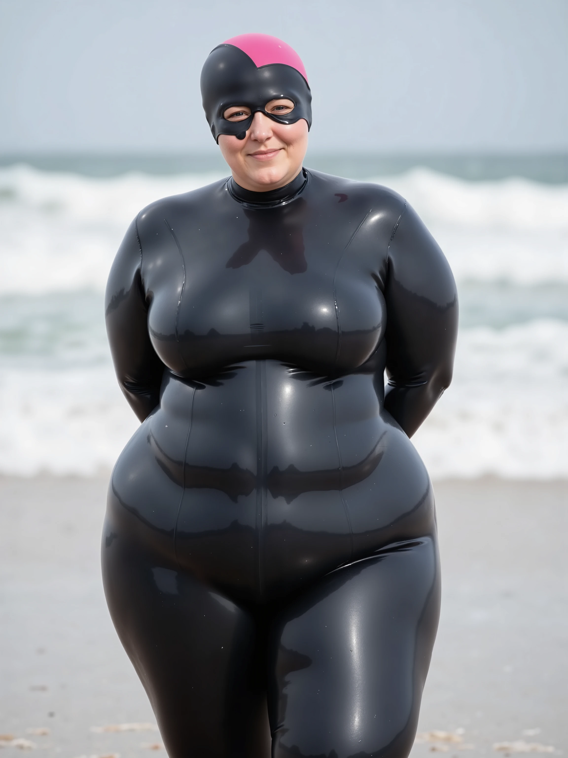 A 48 year old obese Asian woman wears a neoprene wetsuit that is black shiny rubber, she stands on a beach in wet sand, her long hair is under a thick black and pink rubber swim cap that covers her forehead and eyes in translucent rubber, sun protective eyewear integrated