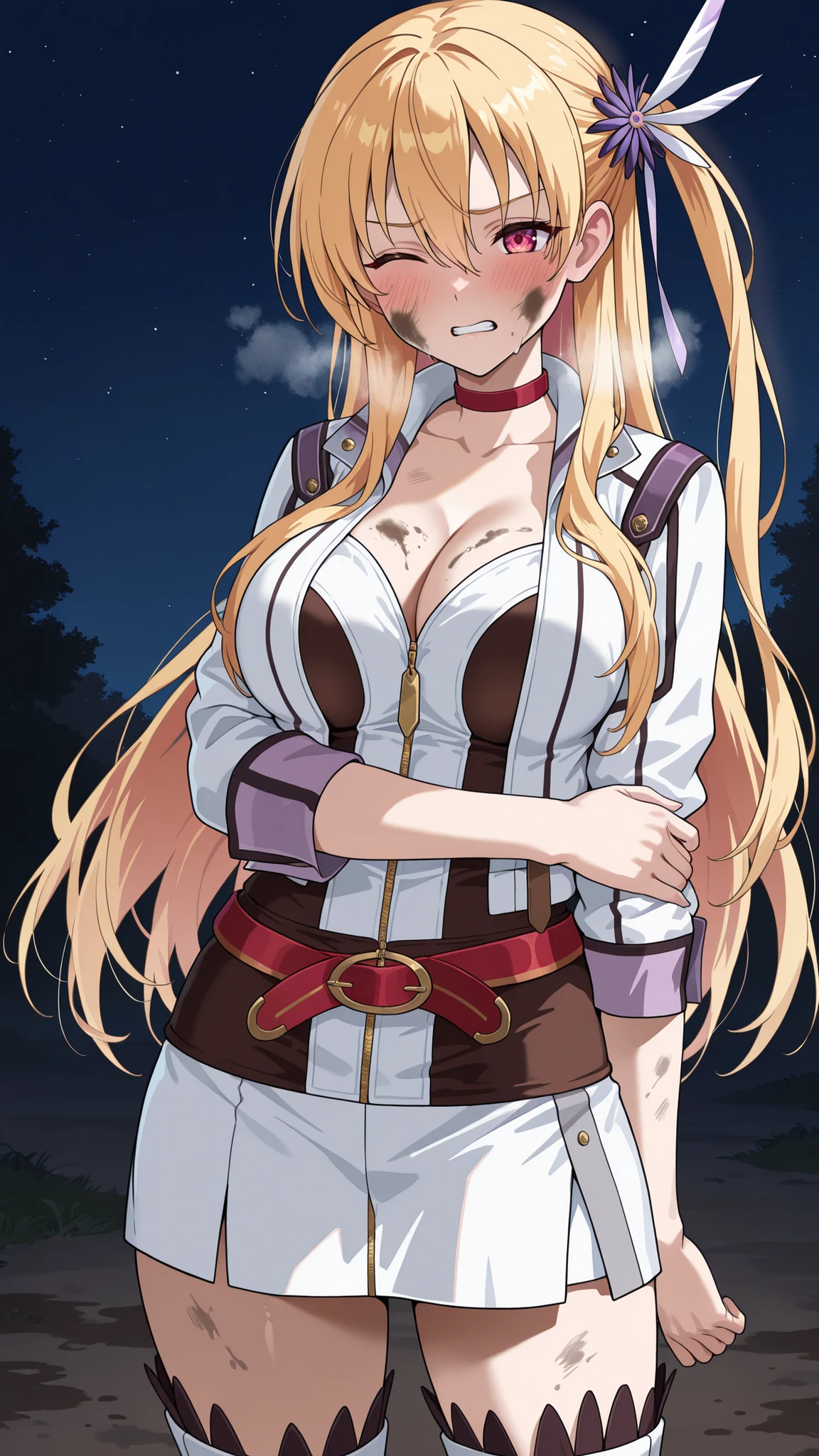 nsfw,highres, absurdres,source anime,cowboy shot,1girl,solo,alisa reinford,sen3alisa,blonde hair,side ponytail,red choker,collarbone,big breasts,cleavage,white short jacket,open jacket,gold zipper,white sleeves,sleeves rolled up,white and dark brown tubetop,white pencil skirt,red belt,white longboots,zettai ryouiki,standing,furrowed brow,one eye closed,outdoor,night,clenched teeth,(dirty in face,dirty in body,darty in clothes:1.4),blush,heavy breathing,arm at side,holding own arm,open legs,
