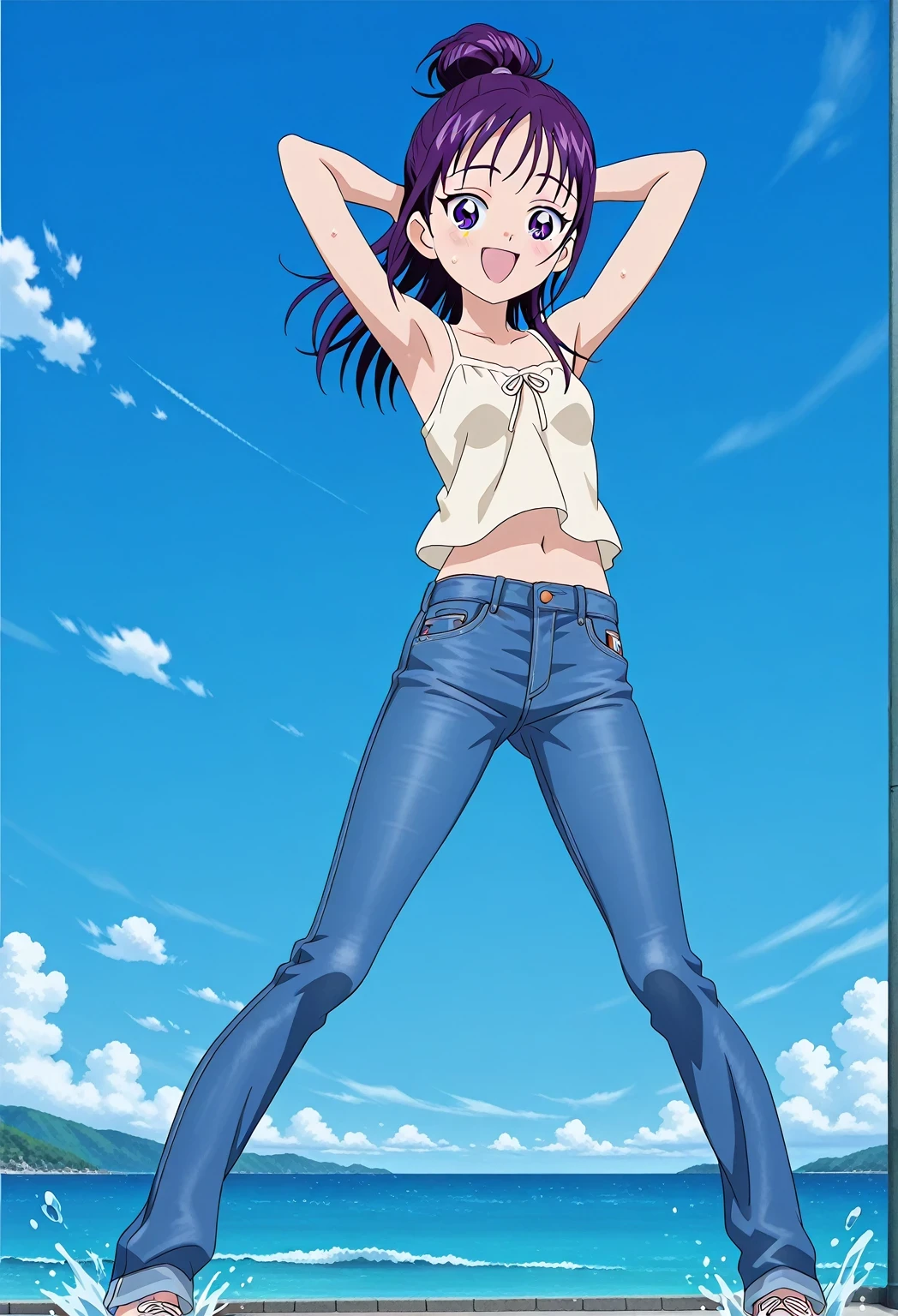 score_9, score_8_up, score_7_up, source_anime, highres, hi res, ((best quality, top quality, perfect quality, Highest Quality, amazing quality)), {{masterpiece}}, {{an extremely delicate and beautiful}}, 2d, intricate details, official style, anime, 8k, anime style, official_anime, official art, digital painting, cell shading, soft shading, high resolution, soothing tones, Subdued Color, Soft cinematic light, adobe lightroom, photolab, HDR, intricately and hyper-detailed, ((high quality animation)), 1 girl, Alone, solo, ((ocean)), tsunami, on the water, day, sunny, outdoors, sky, windy, Mai, purple_eyes, purple hair, long_hair, hair bun, anime screencap, small breasts, light beige camisole top, crop top, light beige crop top, best quality, hyper-detailed jeans, ((purple blue jeans:1.9)), (dark blue jeans:0.6), full medium body, medium shot, Open mouth, smiling, happy face, blush, sweat, standing, ((arms behind head:6.0)), bowlegged, jumping pose, action, looking at viewer, spread legs, Bend knees slightly, straight-on front view