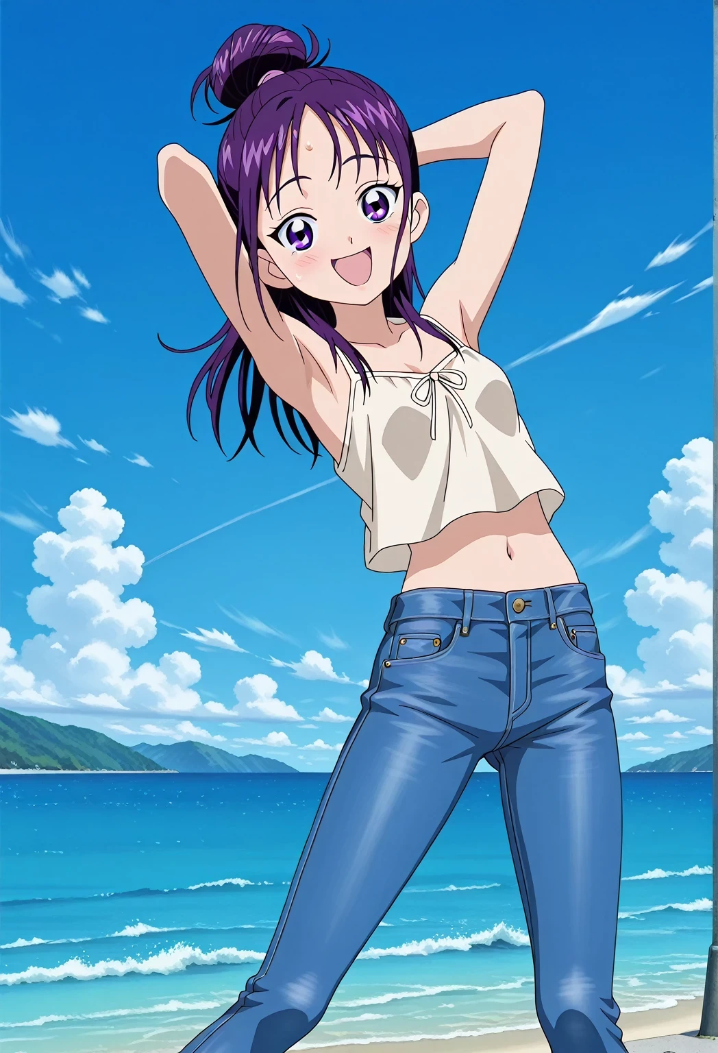 score_9, score_8_up, score_7_up, source_anime, highres, hi res, ((best quality, top quality, perfect quality, Highest Quality, amazing quality)), {{masterpiece}}, {{an extremely delicate and beautiful}}, 2d, intricate details, official style, anime, 8k, anime style, official_anime, official art, digital painting, cell shading, soft shading, high resolution, soothing tones, Subdued Color, Soft cinematic light, adobe lightroom, photolab, HDR, intricately and hyper-detailed, ((high quality animation)), 1 girl, Alone, solo, ((ocean)), tsunami, on the water, day, sunny, outdoors, sky, windy, Mai, purple_eyes, purple hair, long_hair, hair bun, anime screencap, small breasts, light beige camisole top, crop top, light beige crop top, best quality, hyper-detailed jeans, ((purple blue jeans:1.9)), (dark blue jeans:0.6), full medium body, medium shot, Open mouth, smiling, happy face, blush, sweat, standing, ((arms behind head:6.0)), bowlegged, jumping pose, action, looking at viewer, spread legs, Bend knees slightly, straight-on front view