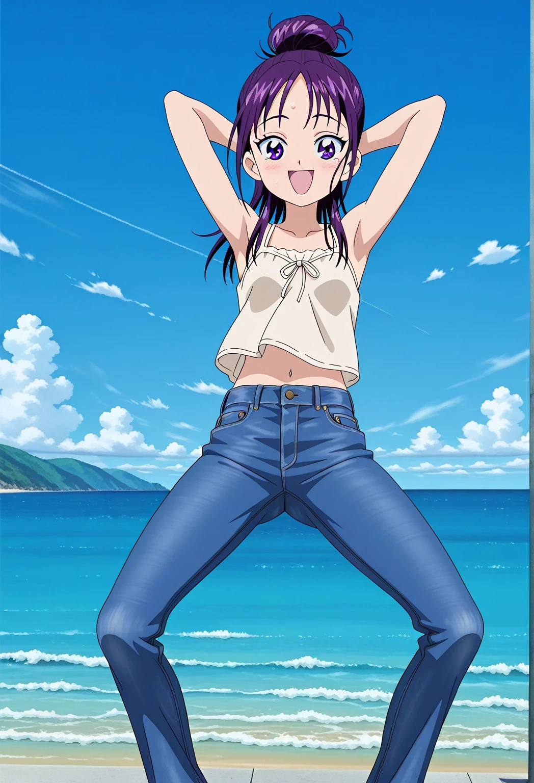 score_9, score_8_up, score_7_up, source_anime, highres, hi res, ((best quality, top quality, perfect quality, Highest Quality, amazing quality)), {{masterpiece}}, {{an extremely delicate and beautiful}}, 2d, intricate details, official style, anime, 8k, anime style, official_anime, official art, digital painting, cell shading, soft shading, high resolution, soothing tones, Subdued Color, Soft cinematic light, adobe lightroom, photolab, HDR, intricately and hyper-detailed, ((high quality animation)), 1 girl, Alone, solo, ((ocean)), tsunami, on the water, day, sunny, outdoors, sky, windy, Mai, purple_eyes, purple hair, long_hair, hair bun, anime screencap, small breasts, light beige camisole top, crop top, light beige crop top, best quality, hyper-detailed jeans, ((purple blue jeans:1.9)), (dark blue jeans:0.6), full medium body, medium shot, Open mouth, smiling, happy face, blush, sweat, standing, ((arms behind head:6.0)), bowlegged, jumping pose, action, looking at viewer, spread legs, Bend knees slightly, straight-on front view