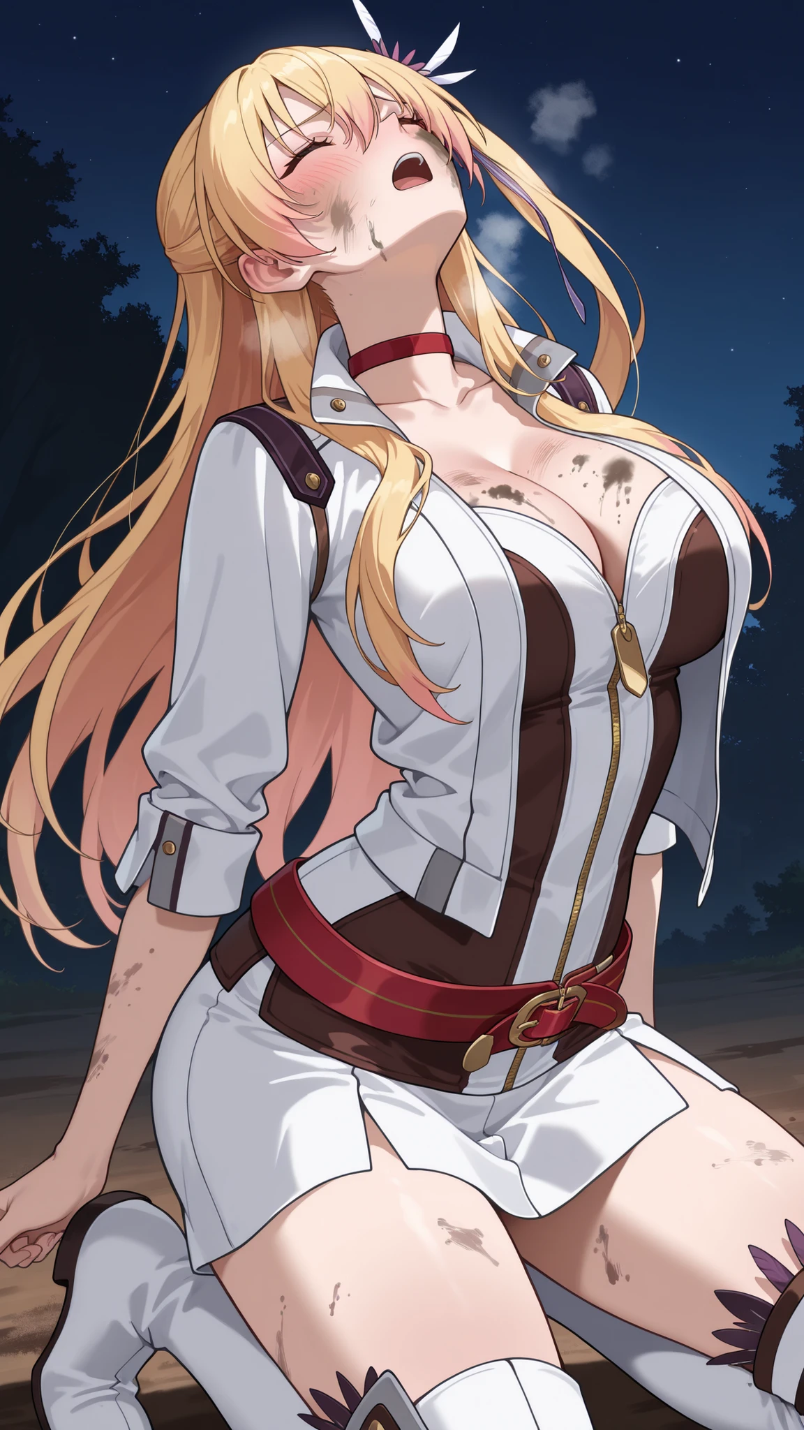 nsfw,highres, absurdres,source anime,cowboy shot,1girl,solo,alisa reinford,sen3alisa,blonde hair,side ponytail,red choker,collarbone,big breasts,cleavage,white short jacket,open jacket,gold zipper,white sleeves,sleeves rolled up,white and dark brown tubetop,white pencil skirt,red belt,white longboots,zettai ryouiki,kneeling,furrowed brow,closed eyes,outdoor,night,open mouth,(dirty in face,dirty in body,darty in clothes:1.4),blush,heavy breathing,arms at side,arched back,open legs,head back,