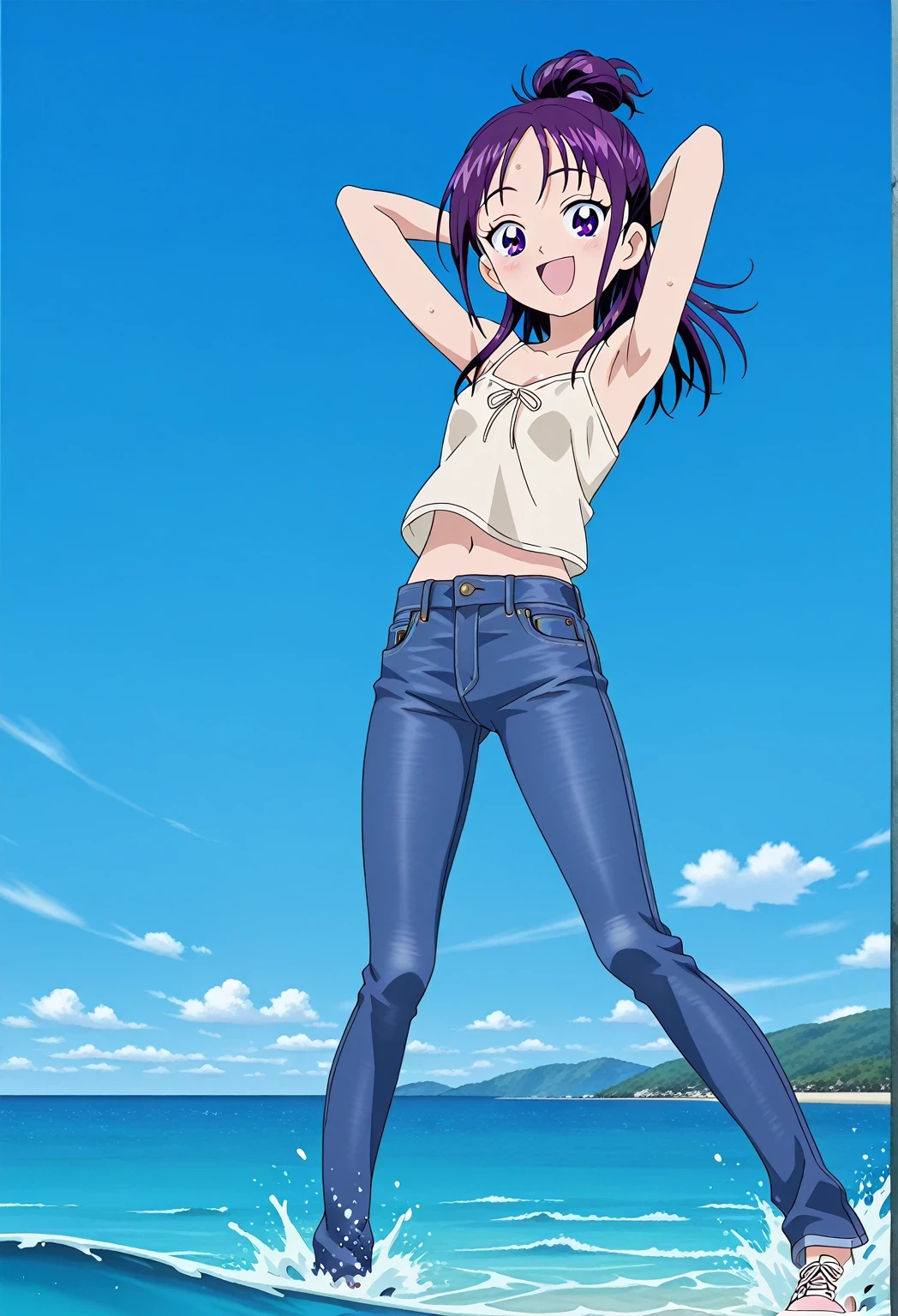 score_9, score_8_up, score_7_up, source_anime, highres, hi res, ((best quality, top quality, perfect quality, Highest Quality, amazing quality)), {{masterpiece}}, {{an extremely delicate and beautiful}}, 2d, intricate details, official style, anime, 8k, anime style, official_anime, official art, digital painting, cell shading, soft shading, high resolution, soothing tones, Subdued Color, Soft cinematic light, adobe lightroom, photolab, HDR, intricately and hyper-detailed, ((high quality animation)), 1 girl, Alone, solo, ((ocean)), tsunami, on the water, day, sunny, outdoors, sky, windy, Mai, purple_eyes, purple hair, long_hair, hair bun, anime screencap, small breasts, light beige camisole top, crop top, light beige crop top, best quality, hyper-detailed jeans, ((purple blue jeans:1.9)), (dark blue jeans:0.6), full medium body, medium shot, Open mouth, smiling, happy face, blush, sweat, standing, ((arms behind head:6.0)), bowlegged, jumping pose, action, looking at viewer, spread legs, Bend knees slightly, straight-on front view