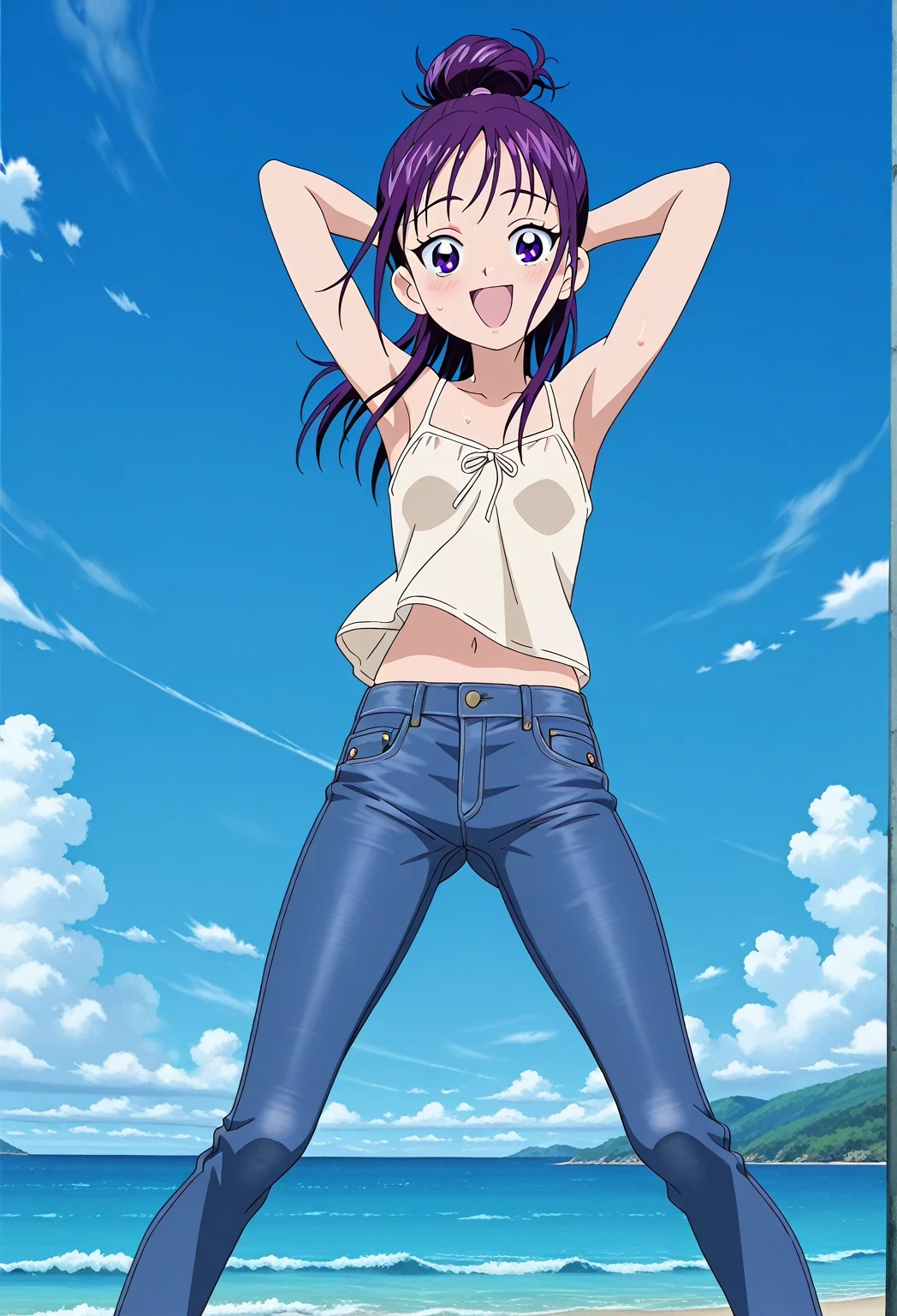 score_9, score_8_up, score_7_up, source_anime, highres, hi res, ((best quality, top quality, perfect quality, Highest Quality, amazing quality)), {{masterpiece}}, {{an extremely delicate and beautiful}}, 2d, intricate details, official style, anime, 8k, anime style, official_anime, official art, digital painting, cell shading, soft shading, high resolution, soothing tones, Subdued Color, Soft cinematic light, adobe lightroom, photolab, HDR, intricately and hyper-detailed, ((high quality animation)), 1 girl, Alone, solo, ((ocean)), tsunami, on the water, day, sunny, outdoors, sky, windy, Mai, purple_eyes, purple hair, long_hair, hair bun, anime screencap, small breasts, light beige camisole top, crop top, light beige crop top, best quality, hyper-detailed jeans, ((purple blue jeans:1.9)), (dark blue jeans:0.6), full medium body, medium shot, Open mouth, smiling, happy face, blush, sweat, standing, ((arms behind head:6.0)), bowlegged, jumping pose, action, looking at viewer, spread legs, Bend knees slightly, straight-on front view