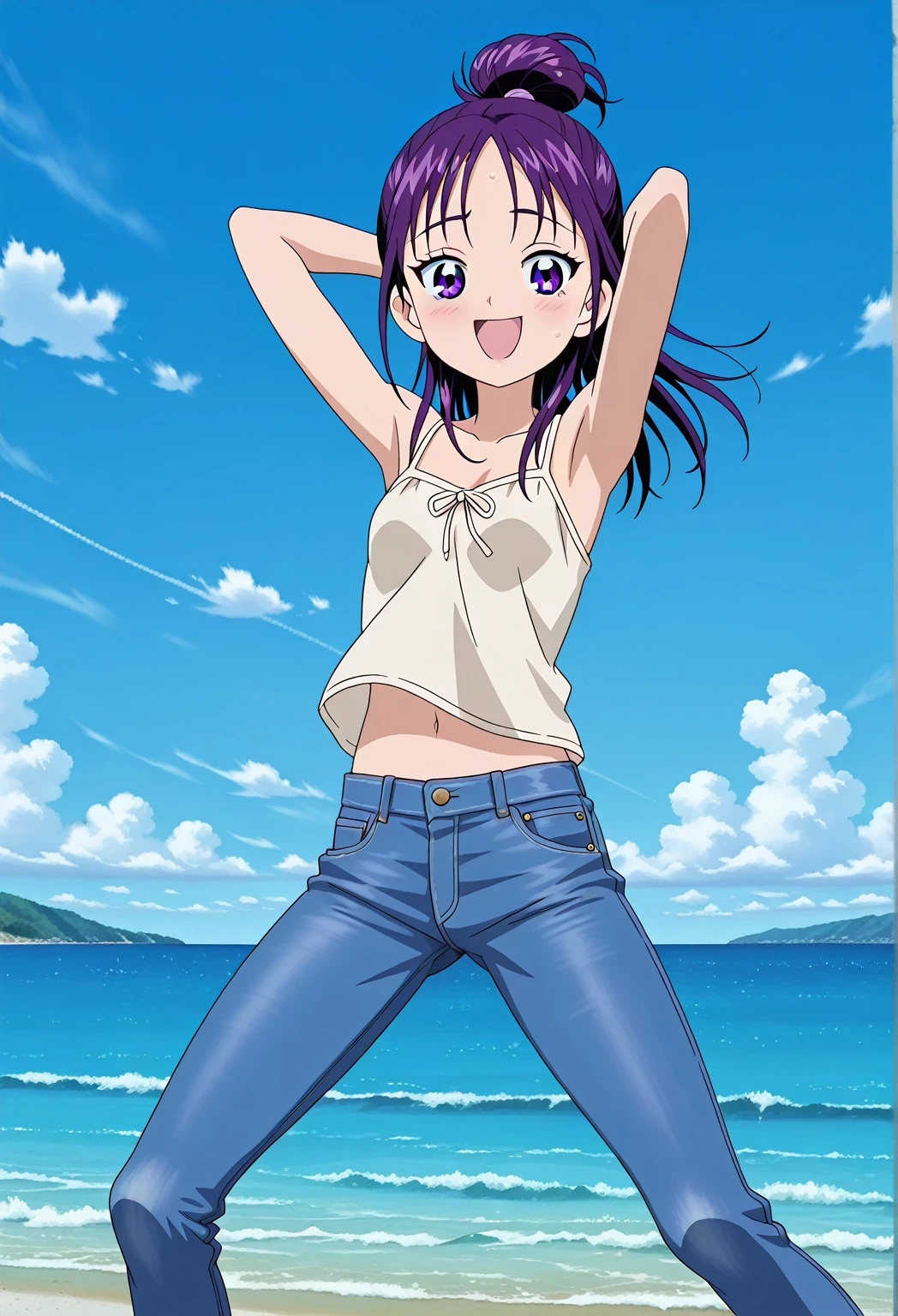 score_9, score_8_up, score_7_up, source_anime, highres, hi res, ((best quality, top quality, perfect quality, Highest Quality, amazing quality)), {{masterpiece}}, {{an extremely delicate and beautiful}}, 2d, intricate details, official style, anime, 8k, anime style, official_anime, official art, digital painting, cell shading, soft shading, high resolution, soothing tones, Subdued Color, Soft cinematic light, adobe lightroom, photolab, HDR, intricately and hyper-detailed, ((high quality animation)), 1 girl, Alone, solo, ((ocean)), tsunami, on the water, day, sunny, outdoors, sky, windy, Mai, purple_eyes, purple hair, long_hair, hair bun, anime screencap, small breasts, light beige camisole top, crop top, light beige crop top, best quality, hyper-detailed jeans, ((purple blue jeans:1.9)), (dark blue jeans:0.6), full medium body, medium shot, Open mouth, smiling, happy face, blush, sweat, standing, ((arms behind head:6.0)), bowlegged, jumping pose, action, looking at viewer, spread legs, Bend knees slightly, straight-on front view