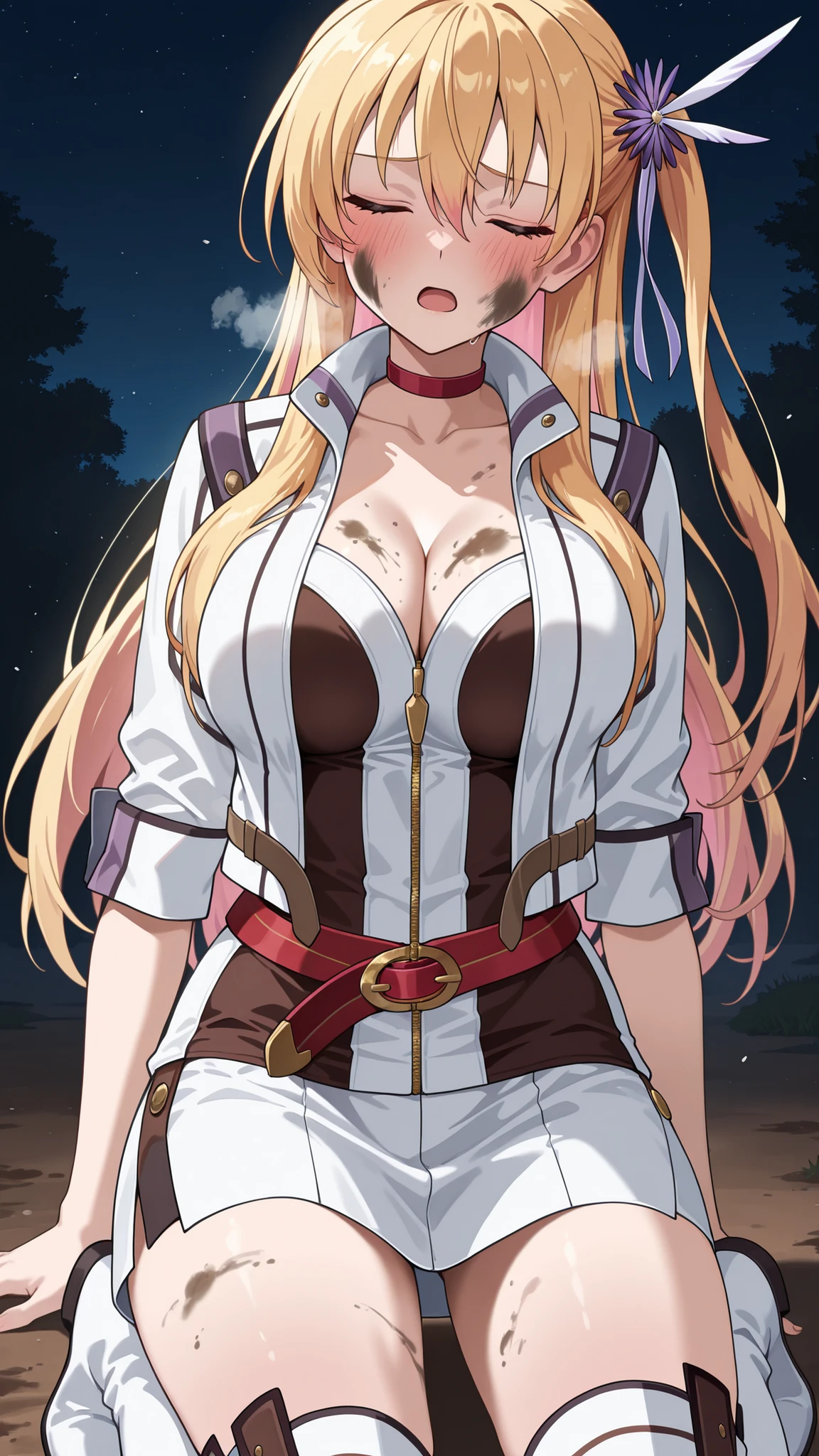 nsfw,highres, absurdres,source anime,cowboy shot,1girl,solo,alisa reinford,sen3alisa,blonde hair,side ponytail,red choker,collarbone,big breasts,cleavage,white short jacket,open jacket,gold zipper,white sleeves,sleeves rolled up,white and dark brown tubetop,white pencil skirt,red belt,white longboots,zettai ryouiki,kneeling,furrowed brow,closed eyes,outdoor,night,open mouth,(dirty in face,dirty in body,darty in clothes:1.4),blush,heavy breathing,arms at side,open legs,