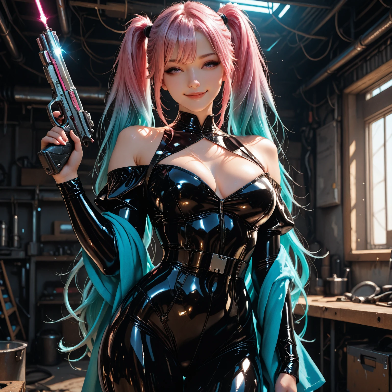 high resolution, best quality, very big , ,2D, Natural lighting, Soft texture, fine detail, Professional Artwork, vivid colors, HDR, 4K ,Fantasy-style sexy black latex armor without a helmet, female, Bob cut