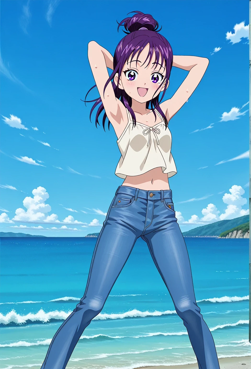 score_9, score_8_up, score_7_up, source_anime, highres, hi res, ((best quality, top quality, perfect quality, Highest Quality, amazing quality)), {{masterpiece}}, {{an extremely delicate and beautiful}}, 2d, intricate details, official style, anime, 8k, anime style, official_anime, official art, digital painting, cell shading, soft shading, high resolution, soothing tones, Subdued Color, Soft cinematic light, adobe lightroom, photolab, HDR, intricately and hyper-detailed, ((high quality animation)), 1 girl, Alone, solo, ((ocean)), tsunami, on the water, day, sunny, outdoors, sky, windy, Mai, purple_eyes, purple hair, long_hair, hair bun, anime screencap, small breasts, light beige camisole top, crop top, light beige crop top, best quality, hyper-detailed jeans, ((purple blue jeans:1.9)), (dark blue jeans:0.6), full medium body, medium shot, Open mouth, smiling, happy face, blush, sweat, standing, ((arms behind head:6.0)), bowlegged, jumping pose, action, looking at viewer, spread legs, Bend knees slightly, straight-on front view