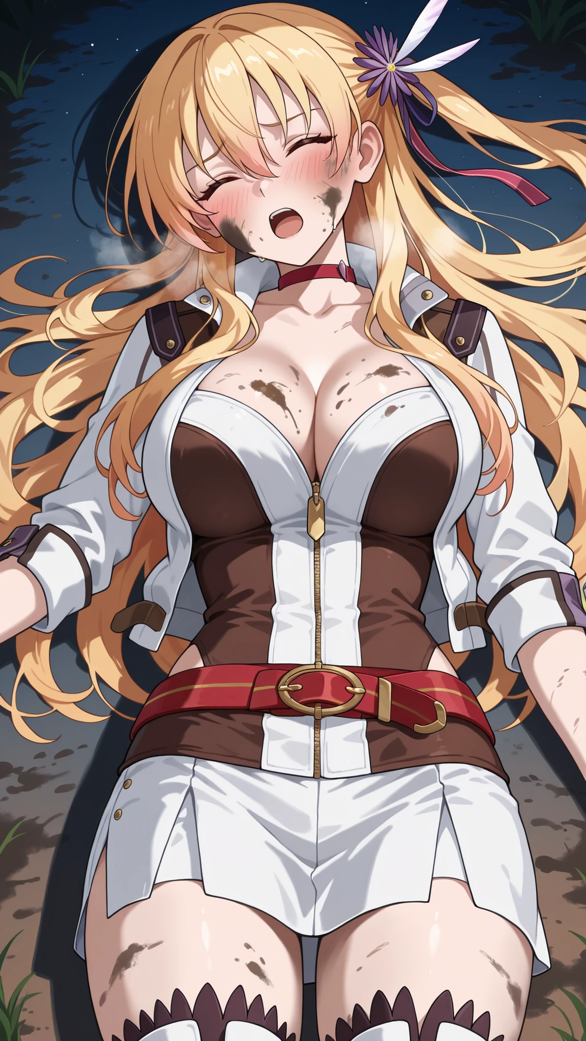 nsfw,highres, absurdres,source anime,cowboy shot,1girl,solo,alisa reinford,sen3alisa,blonde hair,side ponytail,red choker,collarbone,big breasts,cleavage,white short jacket,open jacket,gold zipper,white sleeves,sleeves rolled up,white and dark brown tubetop,white pencil skirt,red belt,white longboots,zettai ryouiki,lying,on back,furrowed brow,closed eyes,outdoor,night,open mouth,(dirty in face,dirty in body,darty in clothes:1.4),blush,heavy breathing,open legs,