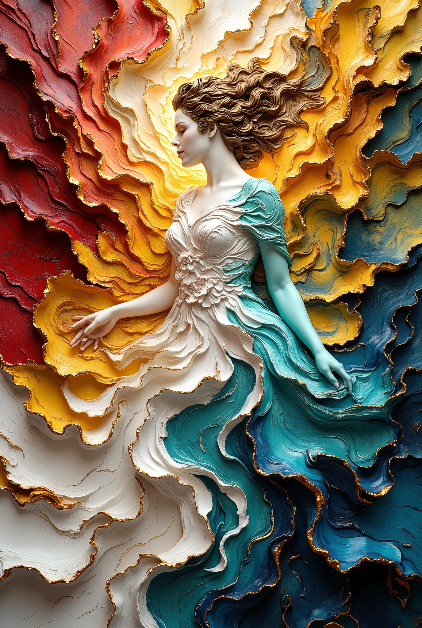 Extending the image of tea,Create a semi-relief abstract artwork using tea stains of different colors.,Surreal style,abstract。with figure of a woman with relief abstract dress red-yellow-orange-white-blue-teal,