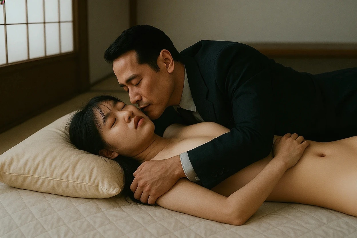Beautiful Korean girl and old man.   ?????, the girl sleeps with the old man in bed, the old man lies hugging the girl, it's dark.  lamp.